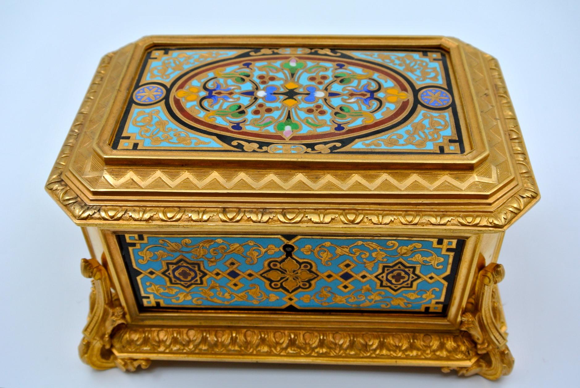 Gilded and Enameled Bronze Box, Velvet Interior, Signed TAHAN 5