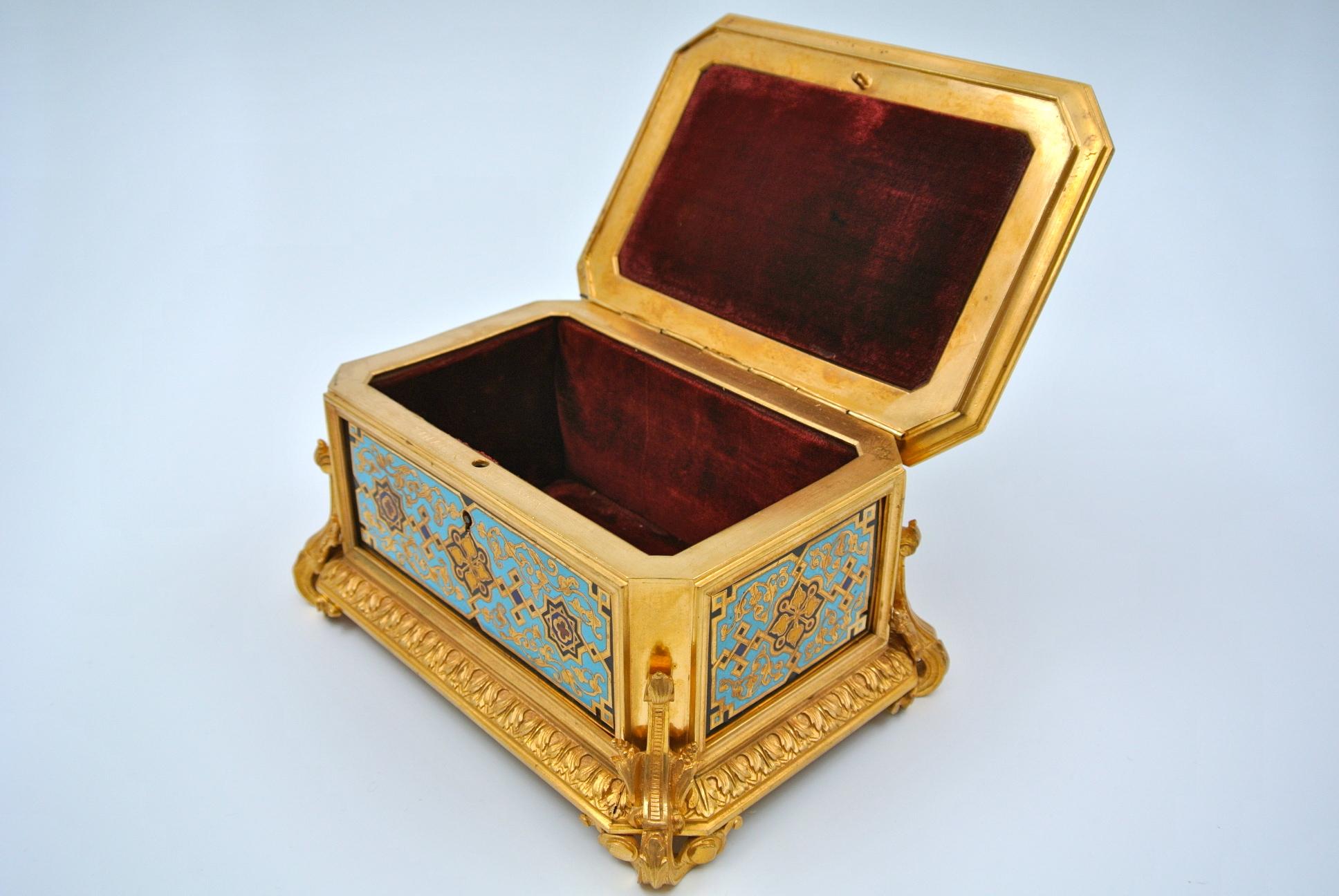 Gilded and Enameled Bronze Box, Velvet Interior, Signed TAHAN 7