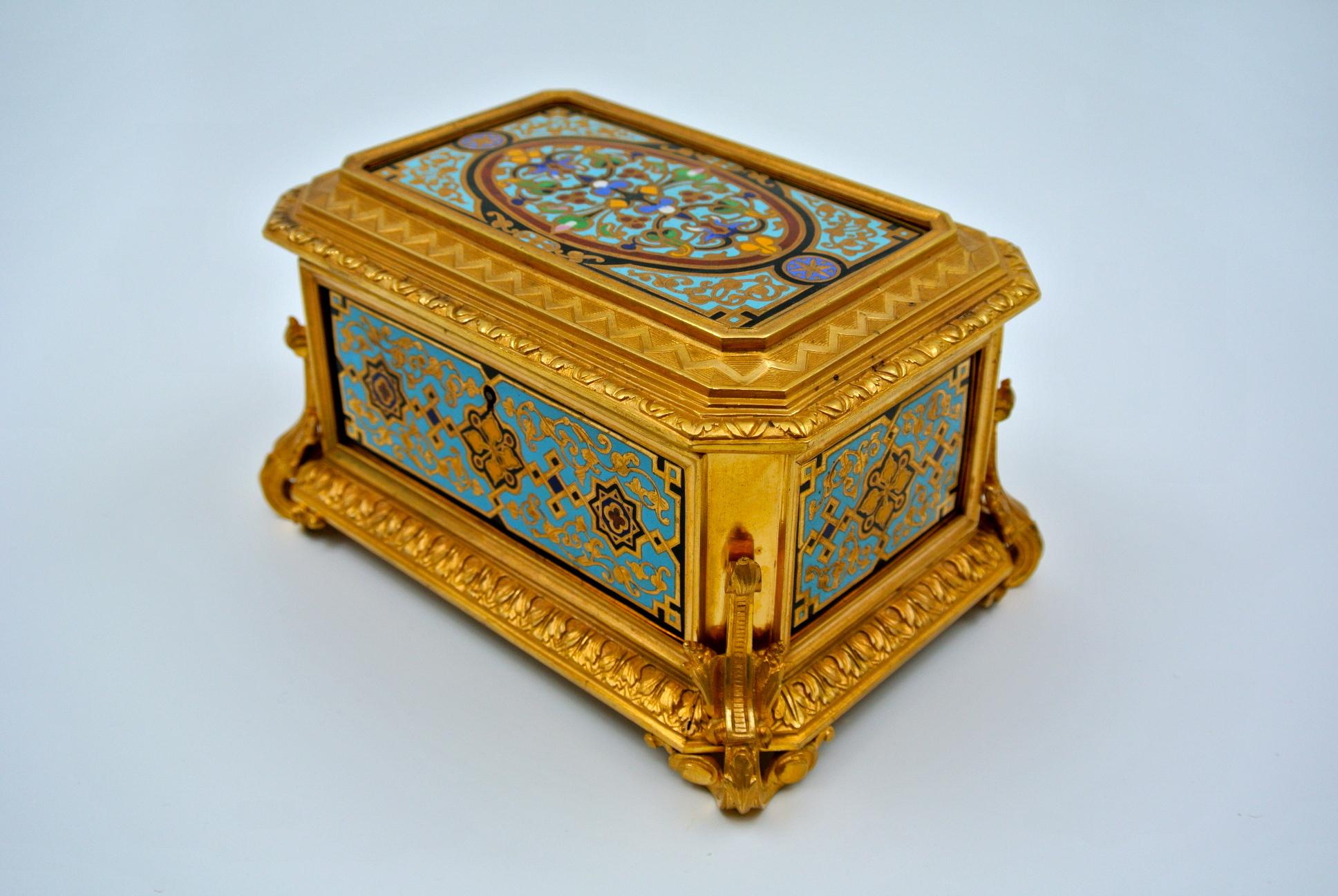 Gilded and Enameled Bronze Box, Velvet Interior, Signed TAHAN 8