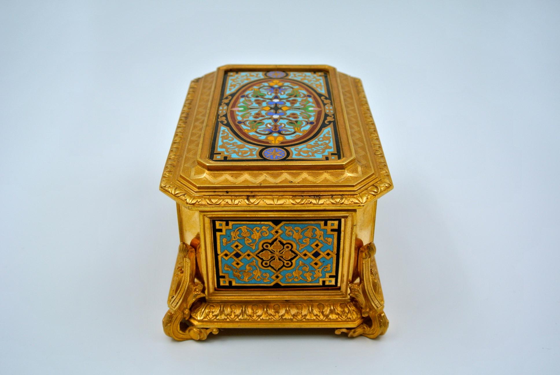 Gilded and Enameled Bronze Box, Velvet Interior, Signed TAHAN 9