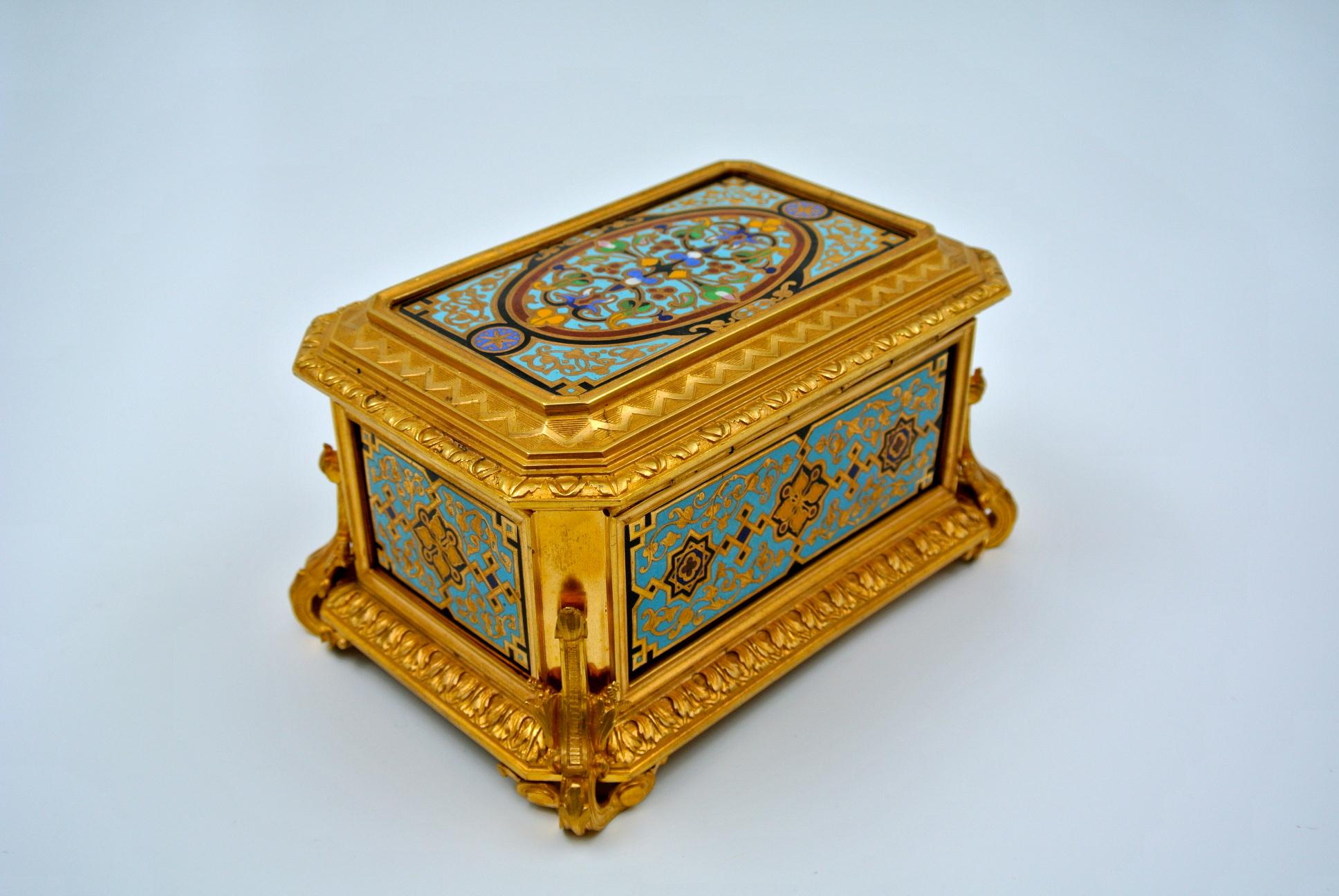 Gilded and Enameled Bronze Box, Velvet Interior, Signed TAHAN 10