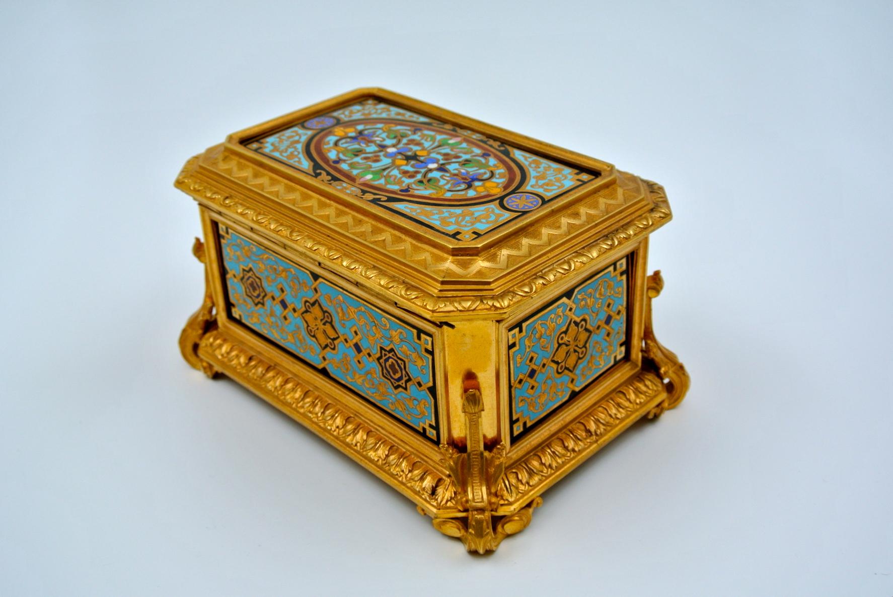 French Gilded and Enameled Bronze Box, Velvet Interior, Signed TAHAN