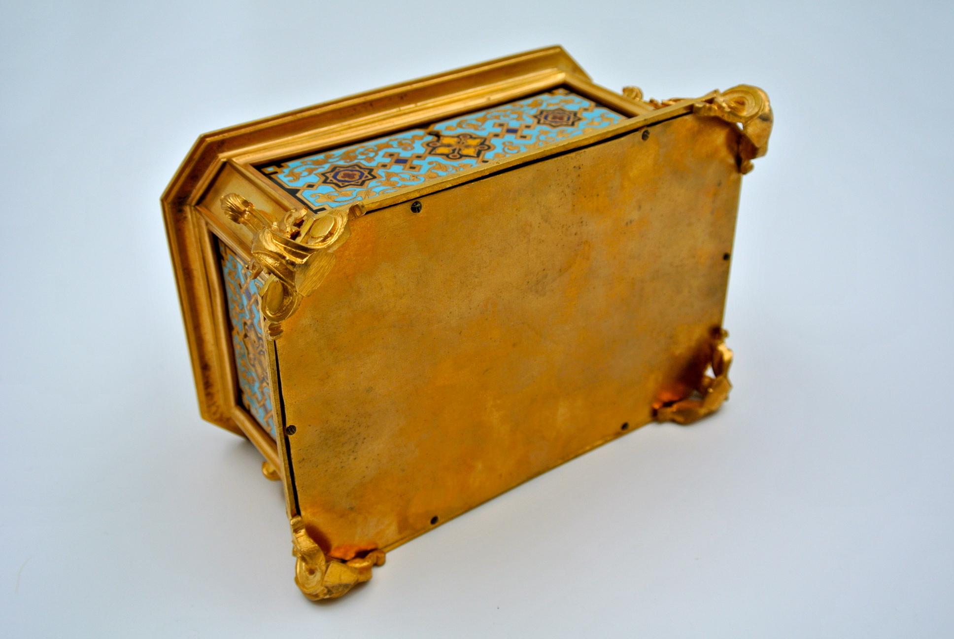 Gilt Gilded and Enameled Bronze Box, Velvet Interior, Signed TAHAN