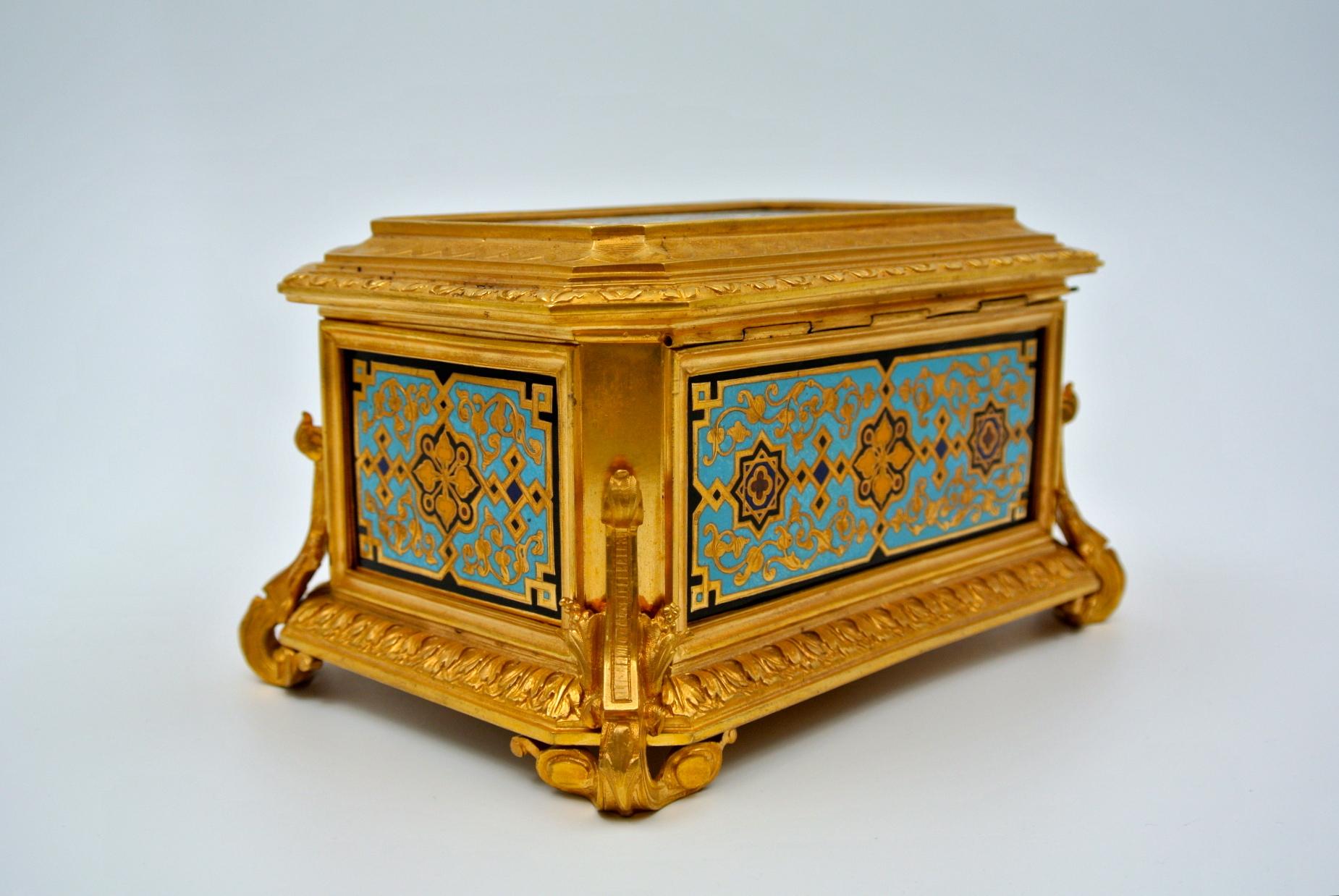 19th Century Gilded and Enameled Bronze Box, Velvet Interior, Signed TAHAN