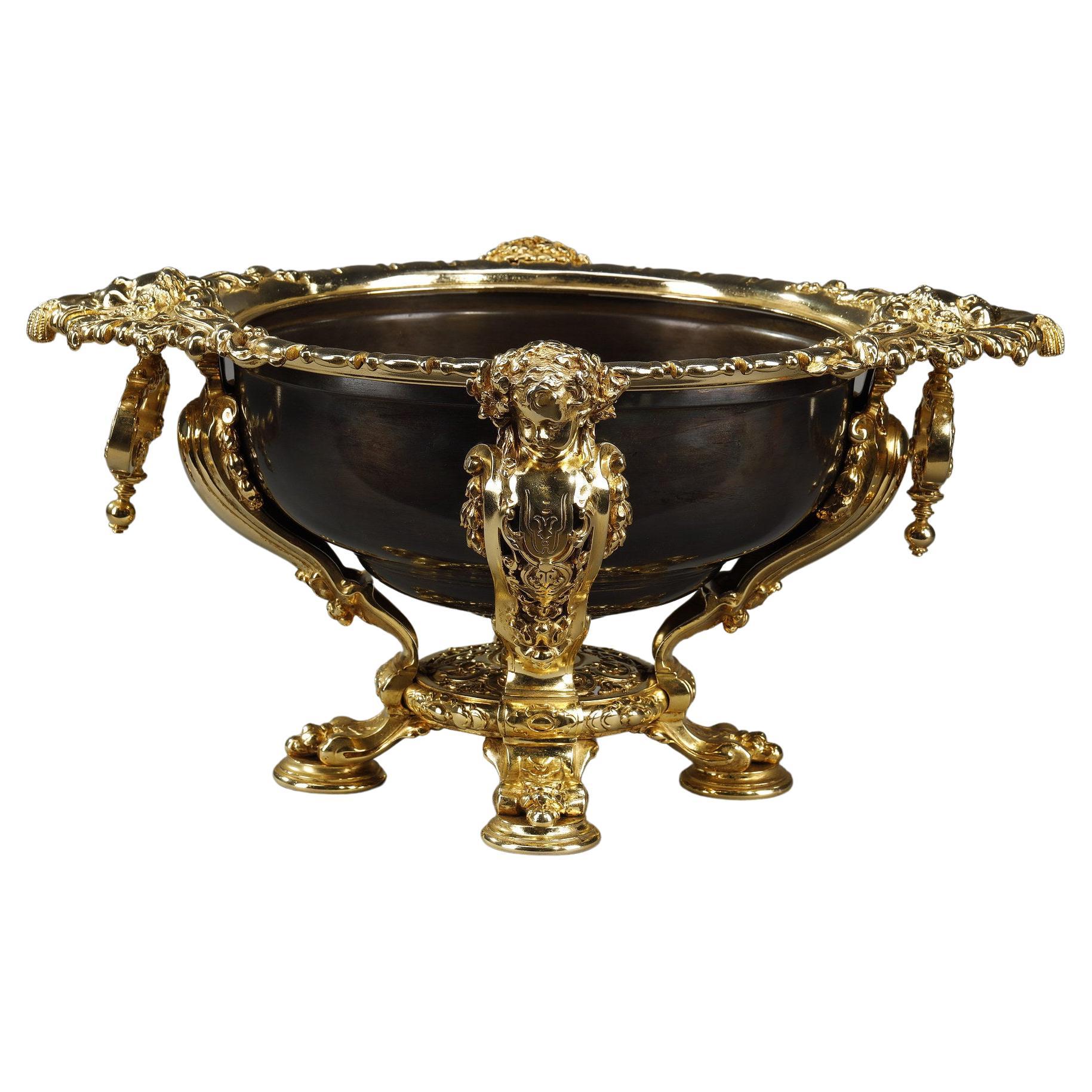 Gilded and Patinated Bronze Bowl, Late 19th Century For Sale