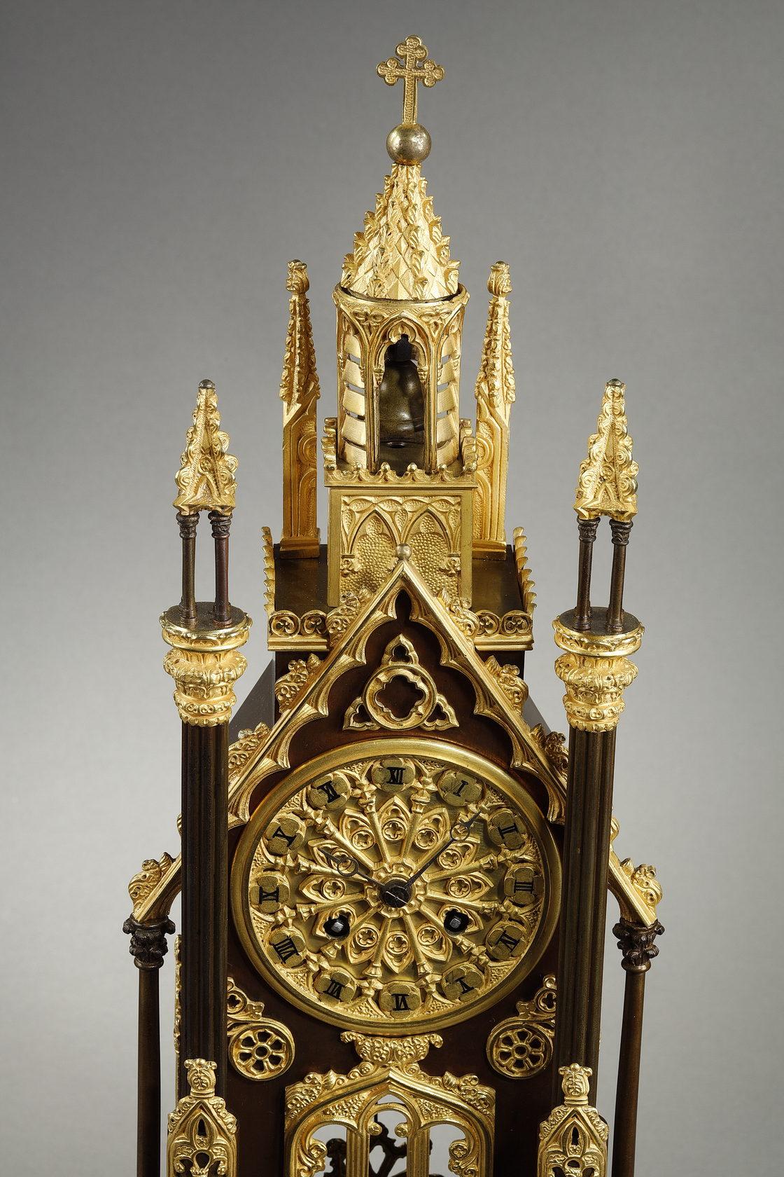 French Gilded and Patinated Bronze Cathedral Clock from the Charles X Period