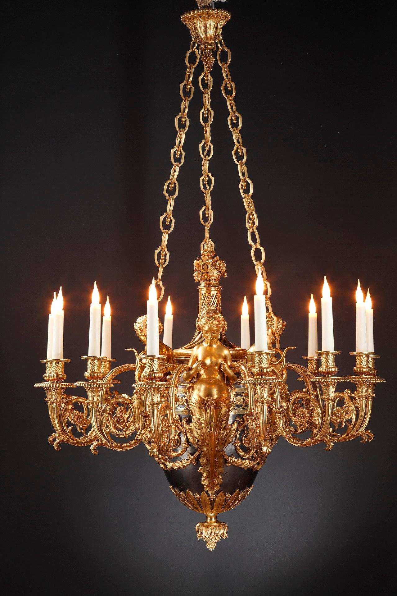 Louis XVI Gilded and Patinated Bronze Chandelier by A.E. Beurdeley, France, Circa 1880 For Sale