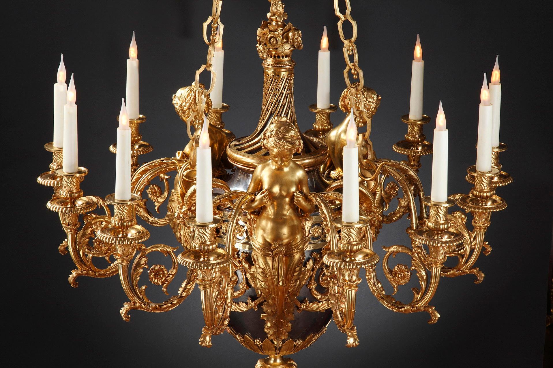 French Gilded and Patinated Bronze Chandelier by A.E. Beurdeley, France, Circa 1880 For Sale