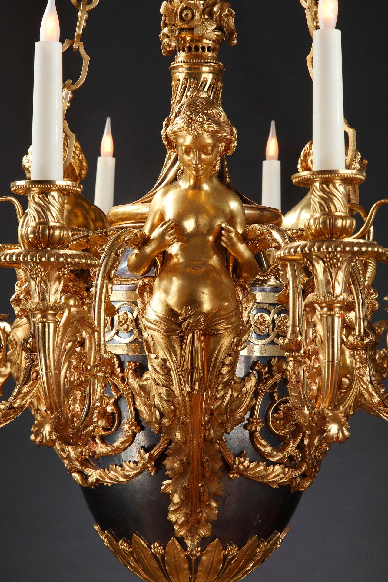 Gilt Gilded and Patinated Bronze Chandelier by A.E. Beurdeley, France, Circa 1880 For Sale