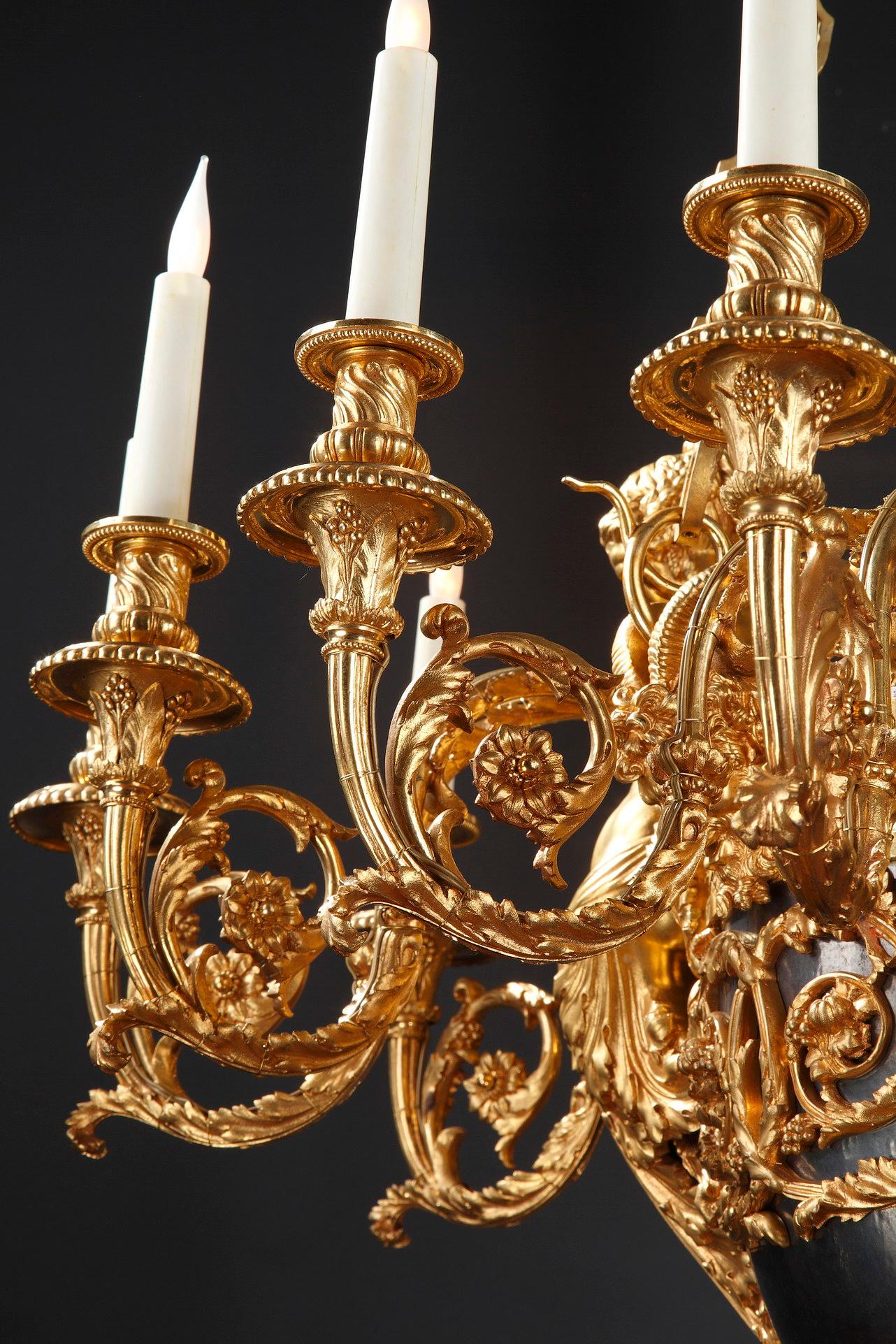 Lampadario in bronzo dorato e patinato di A.E. Beurdeley, Francia, 1880 circa 1