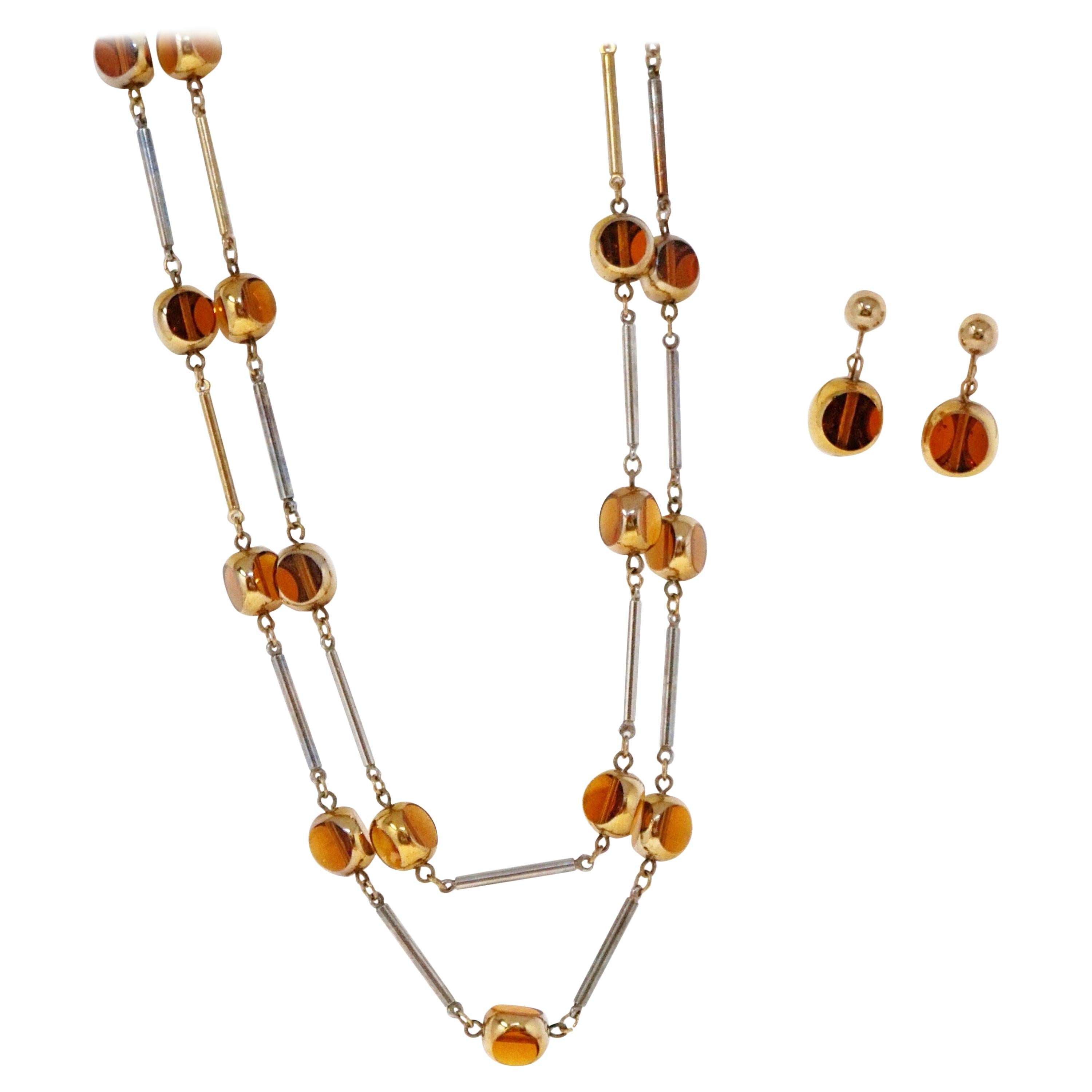 Gilded and Smoked Glass Necklace and Earring Demi-Parure Set by Bergère, 1970s
