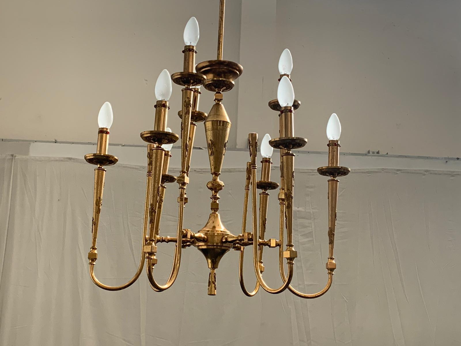Mid-Century Modern Gilded and Worked Brass Ceiling Lamp, 1950s For Sale