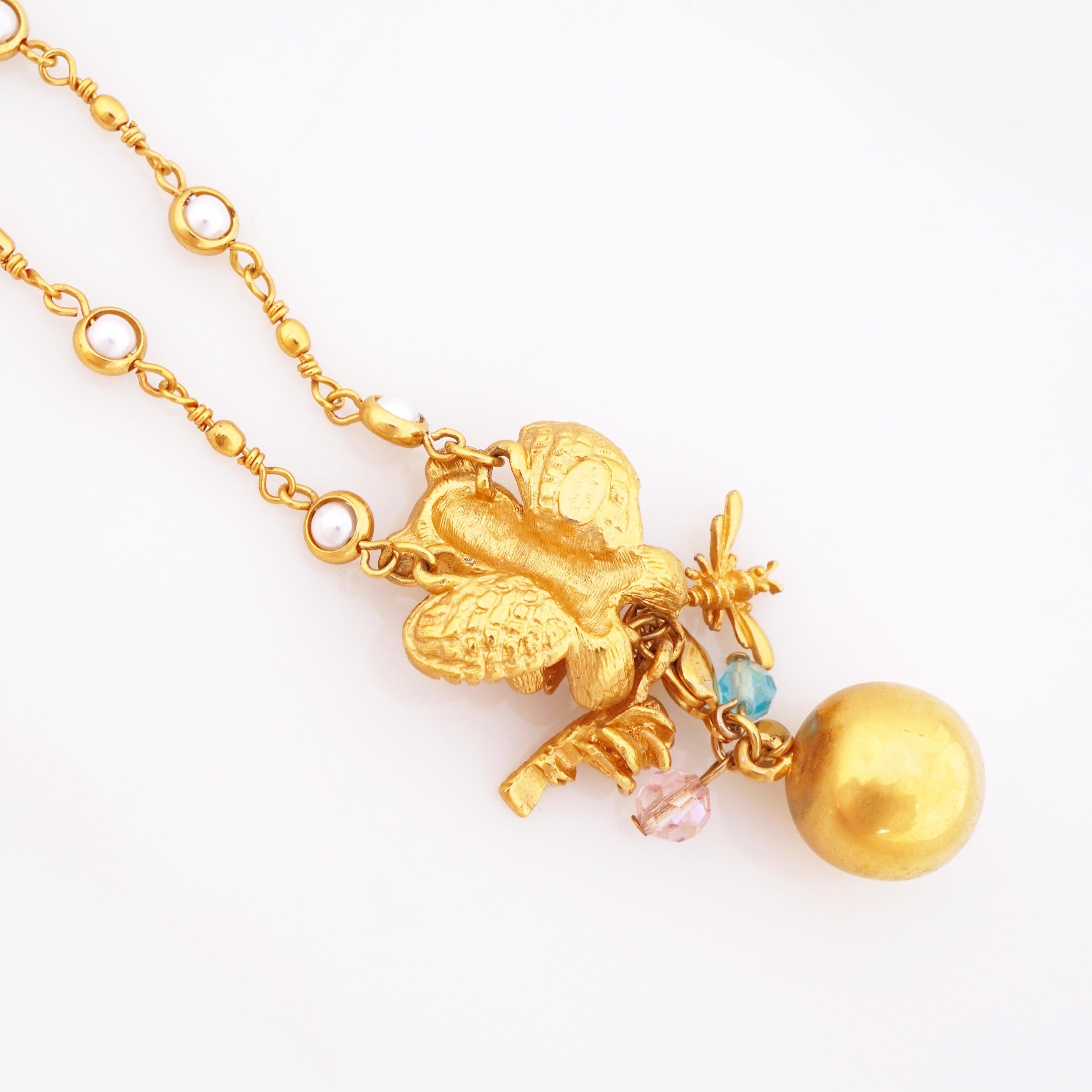 Modern Gilded Angel Teddy Bear Pendant Necklace With Bell Dangle By Kirks Folly, 1980s For Sale