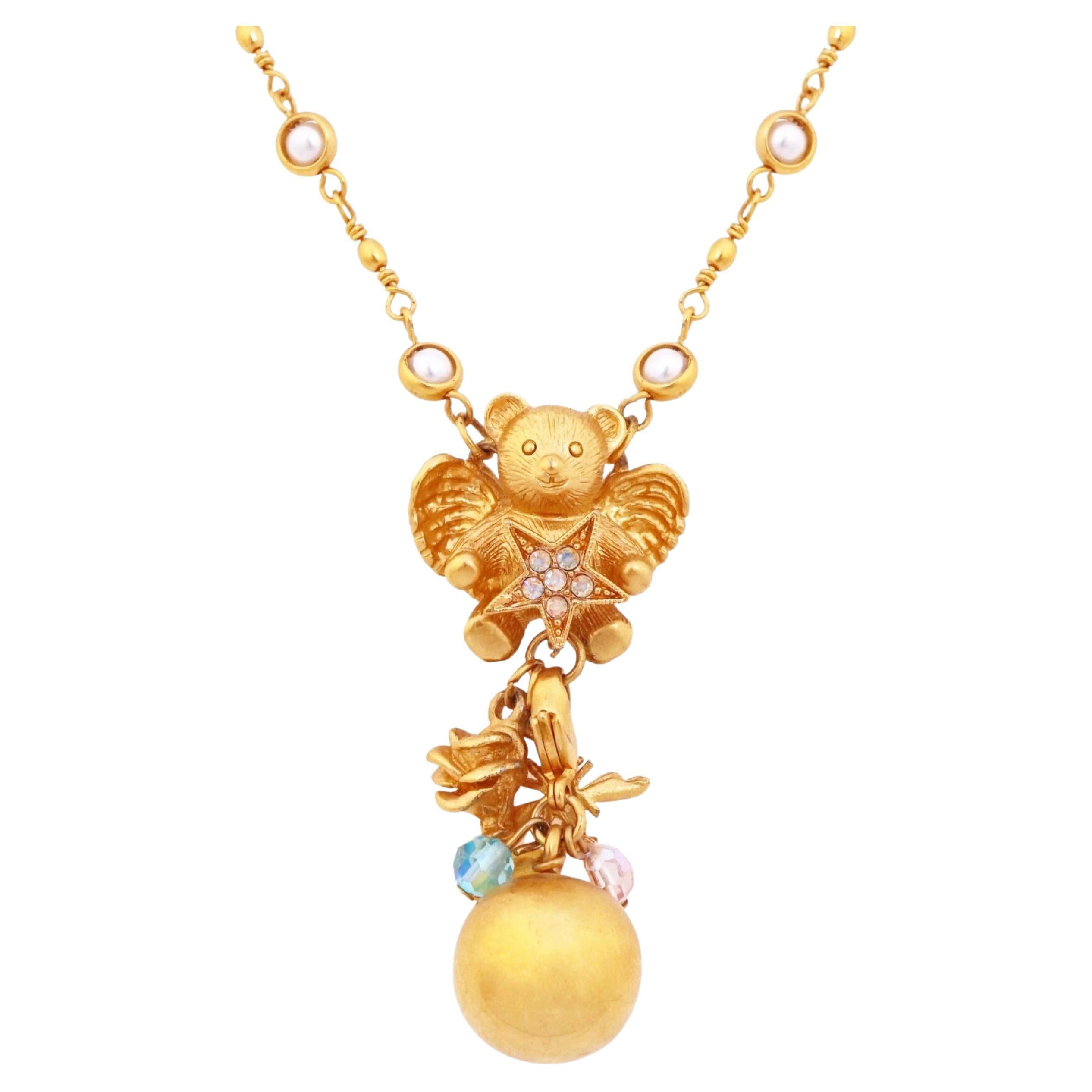 Gilded Angel Teddy Bear Pendant Necklace With Bell Dangle By Kirks Folly, 1980s For Sale