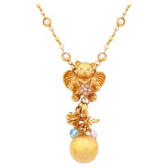 Gilded Angel Teddy Bear Pendant Necklace With Bell Dangle By Kirks Folly, 1980s