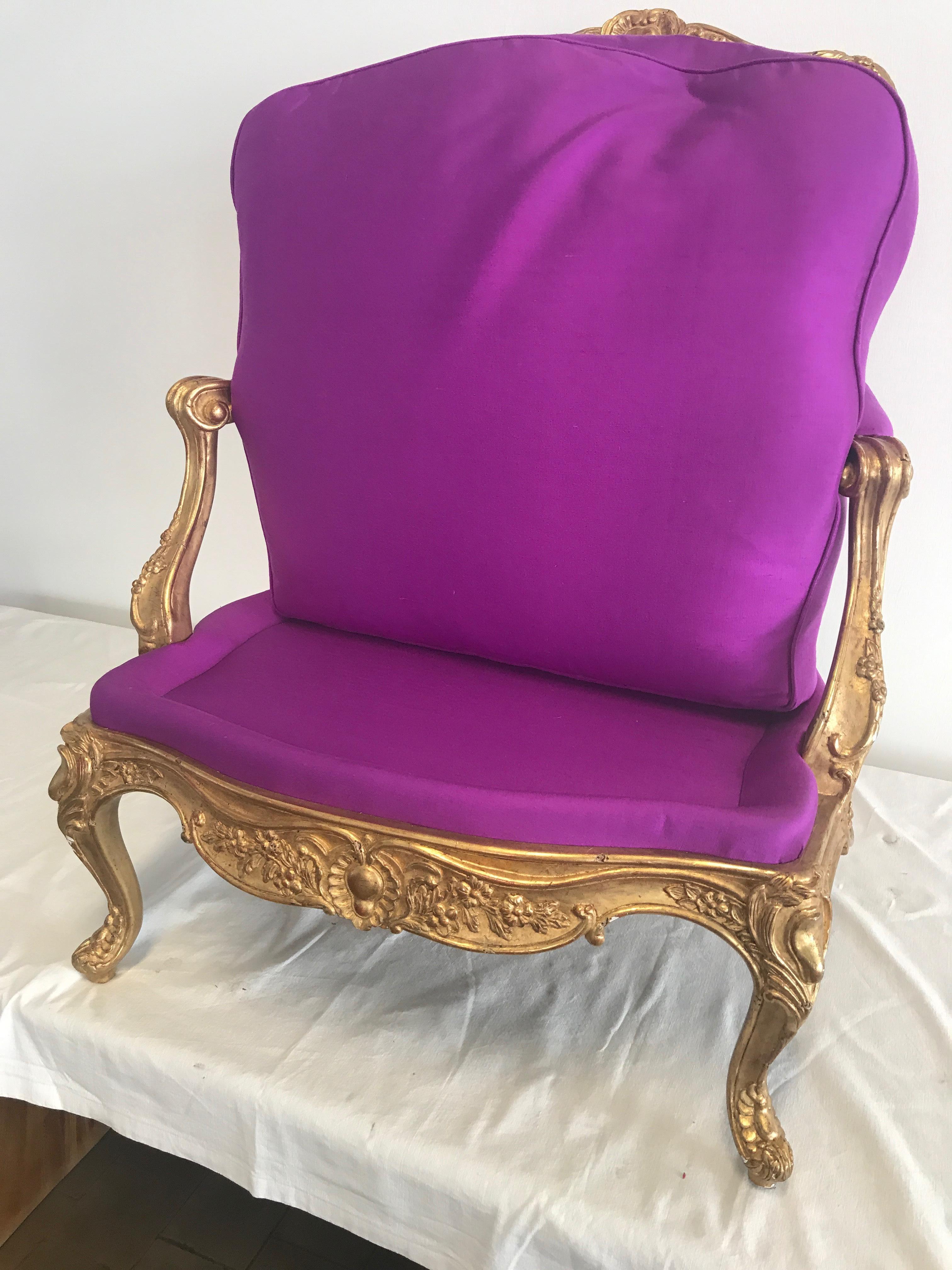 French Gilded Armchair Style Louis XVI Upholstery With Hand Woven Silk Color Orchid  For Sale