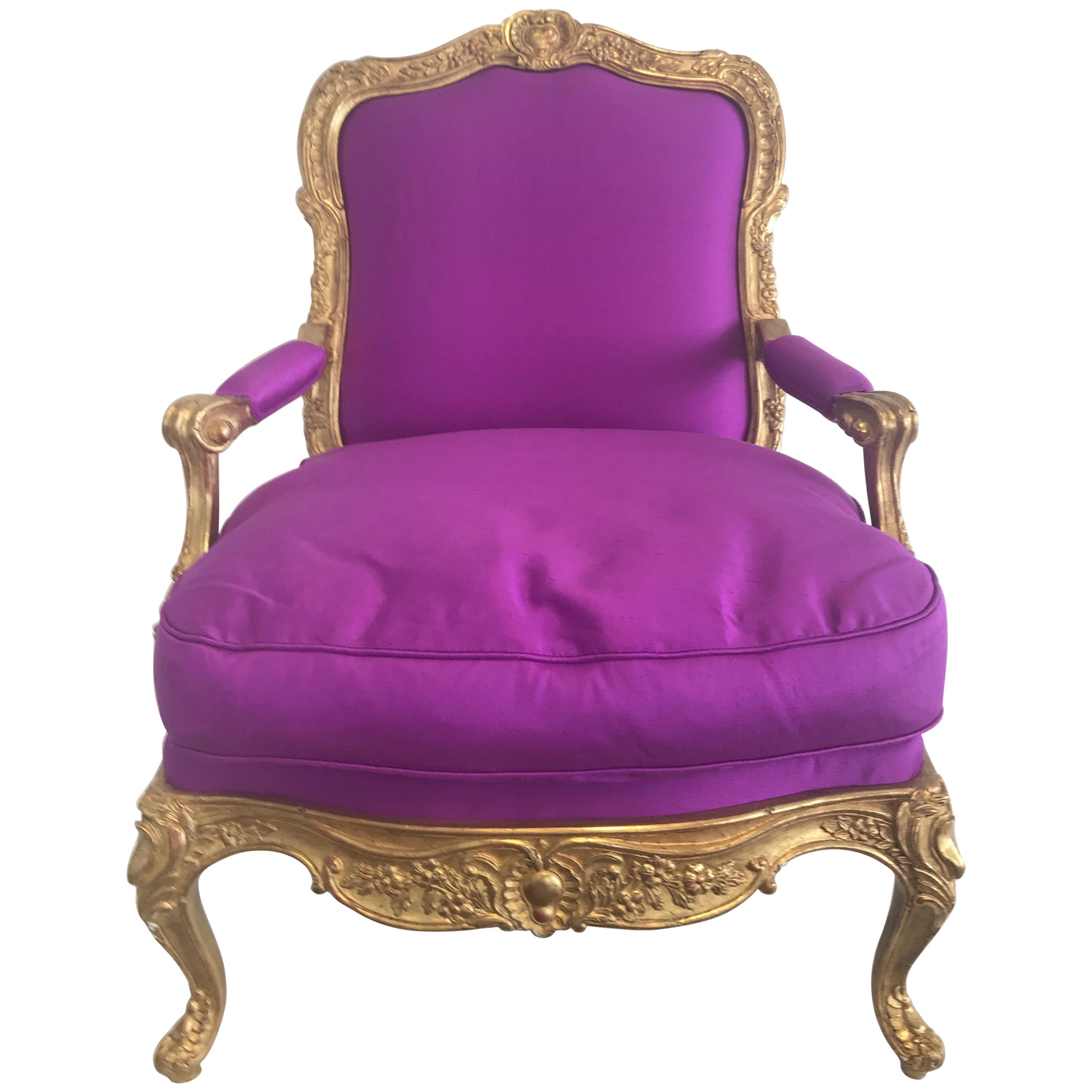 Gilded Armchair Style Louis XVI Upholstery With Hand Woven Silk Color Orchid 
