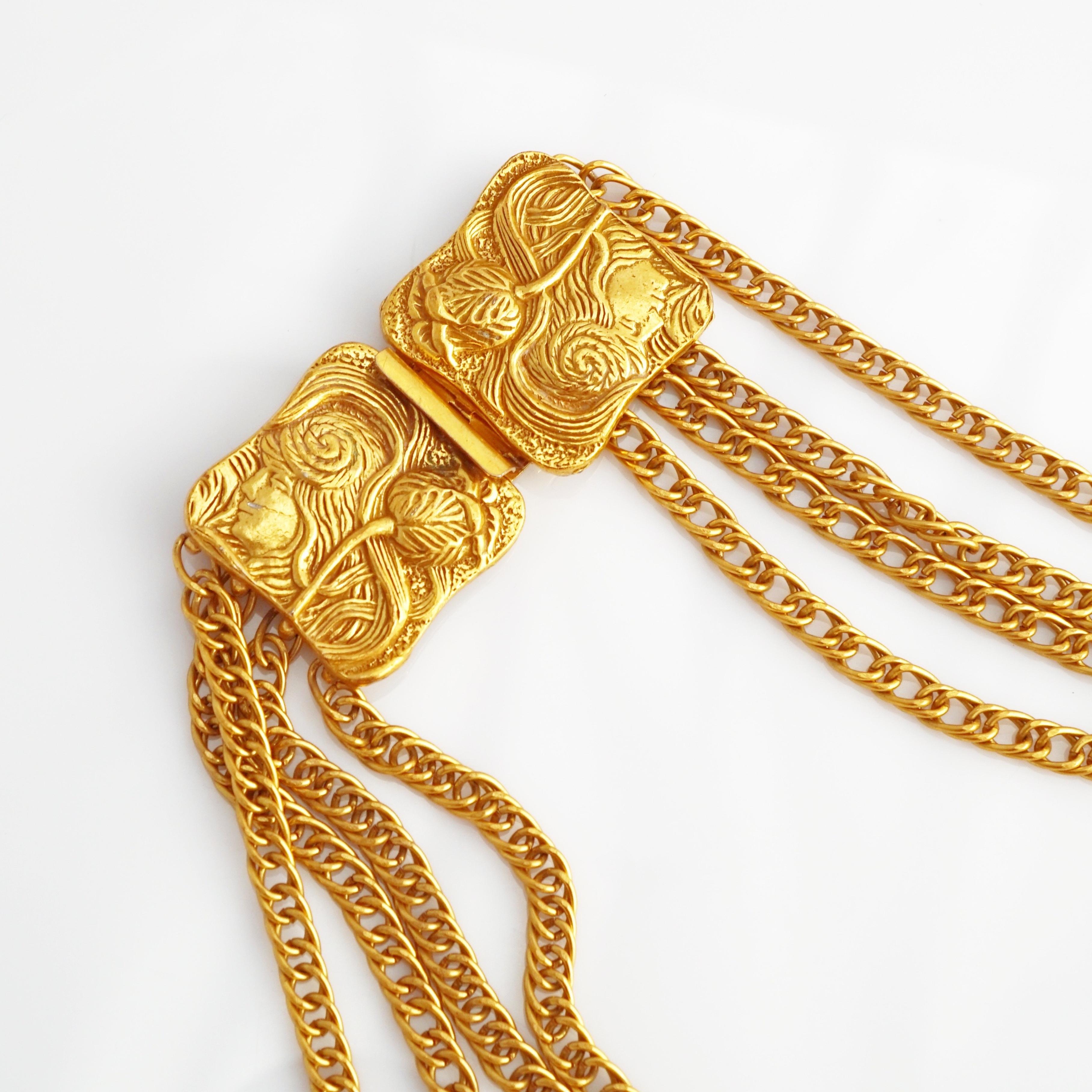 Gilded Art Nouveau Necklace With Chain Fringe By Lucien Piccard, 1970s In Good Condition In McKinney, TX