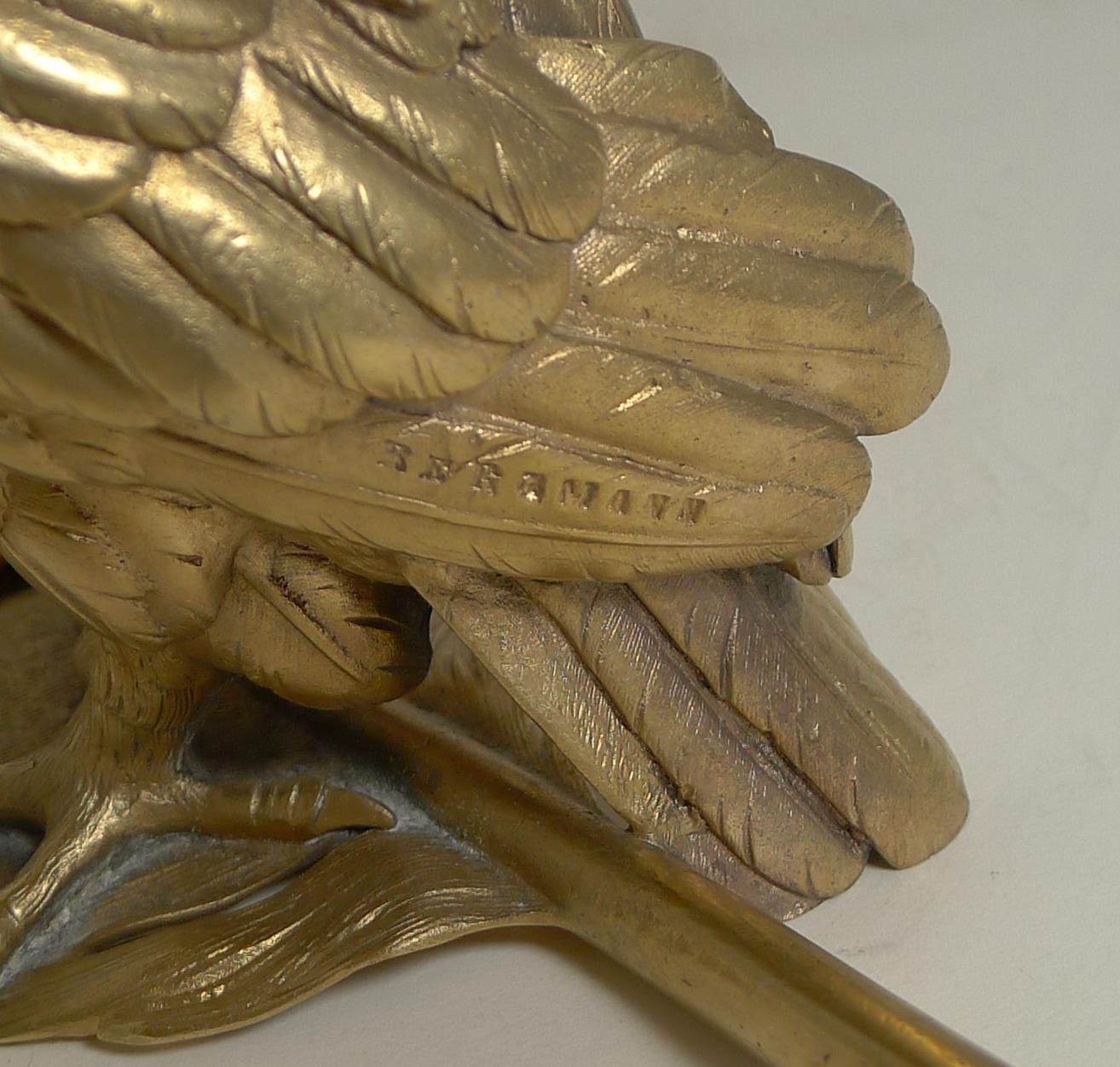 Gilded Austrian Bronze Inkwell / Pen Rest, Signed Bergmann For Sale 8
