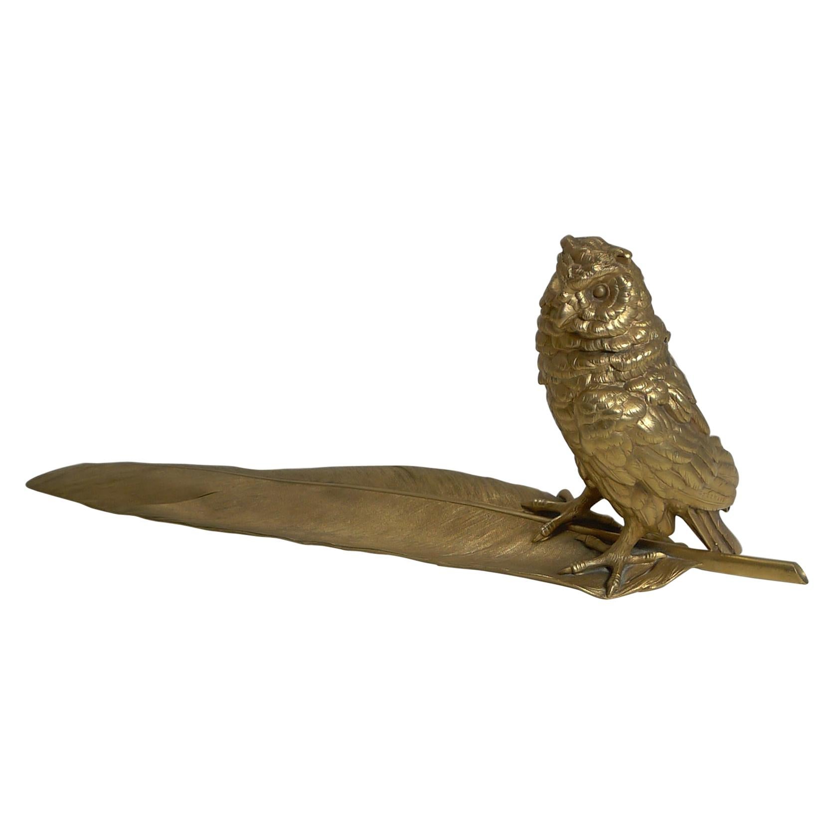 Gilded Austrian Bronze Inkwell / Pen Rest, Signed Bergmann For Sale