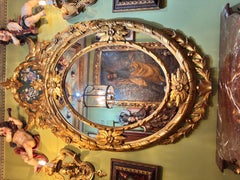 Gilded Baroque Console Table with Red Marble and Carved Mirror with Coats of Arm