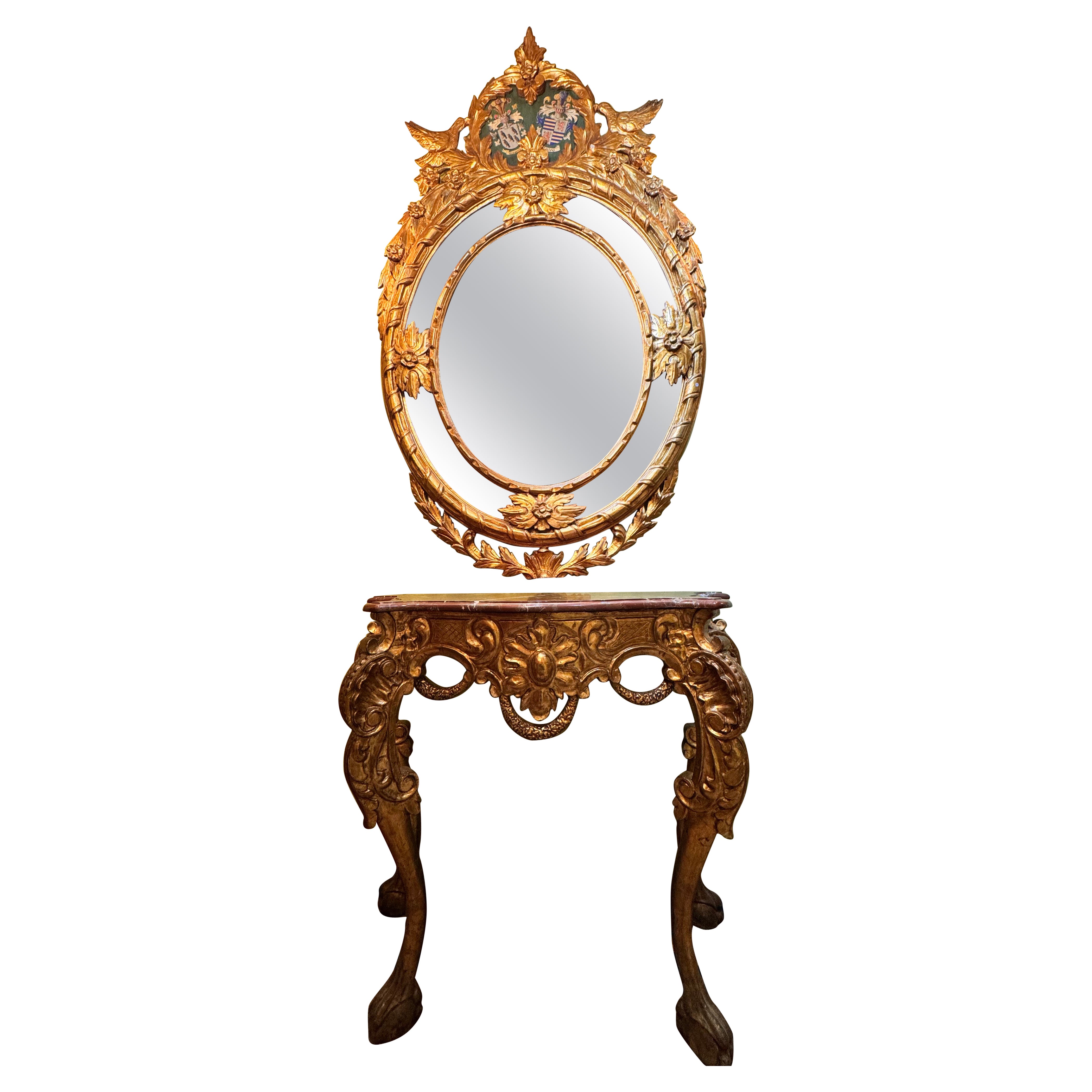 Mesa Consola Barroca Dorada con Mármol Rojo y Espejo Tallado con Escudo de Armas en venta