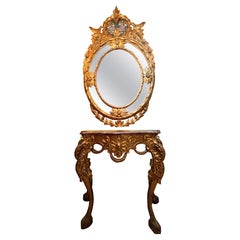 Gilded Baroque Console Table with Red Marble and Carved Mirror with Coats of Arm