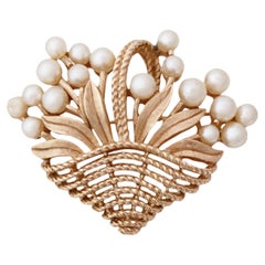 Gilded Basket Of Pearls Figural Brooch By Crown Trifari, 1960s