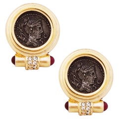 Gilded Bezel Roman Coin Earrings With Ruby Glass Cabochons By Ciner, 1980s