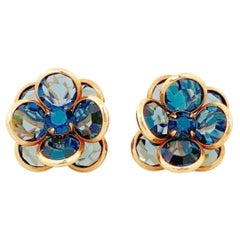 Vintage Gilded Bezel Set Blue Crystal Flower Earrings by Swarovski, 1980s