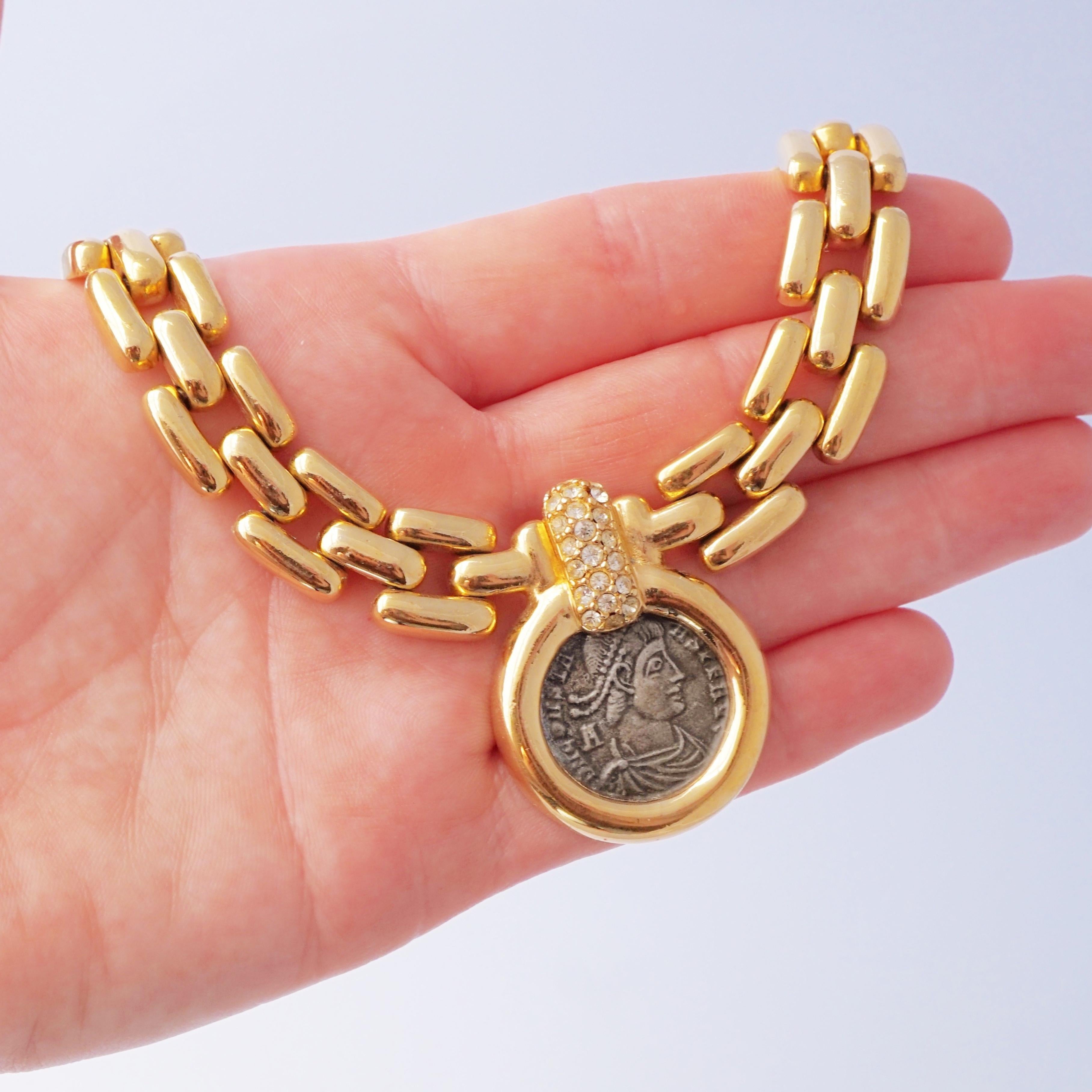 Gilded Bezel Set Roman Coin Choker Necklace By Ciner, 1980s 1