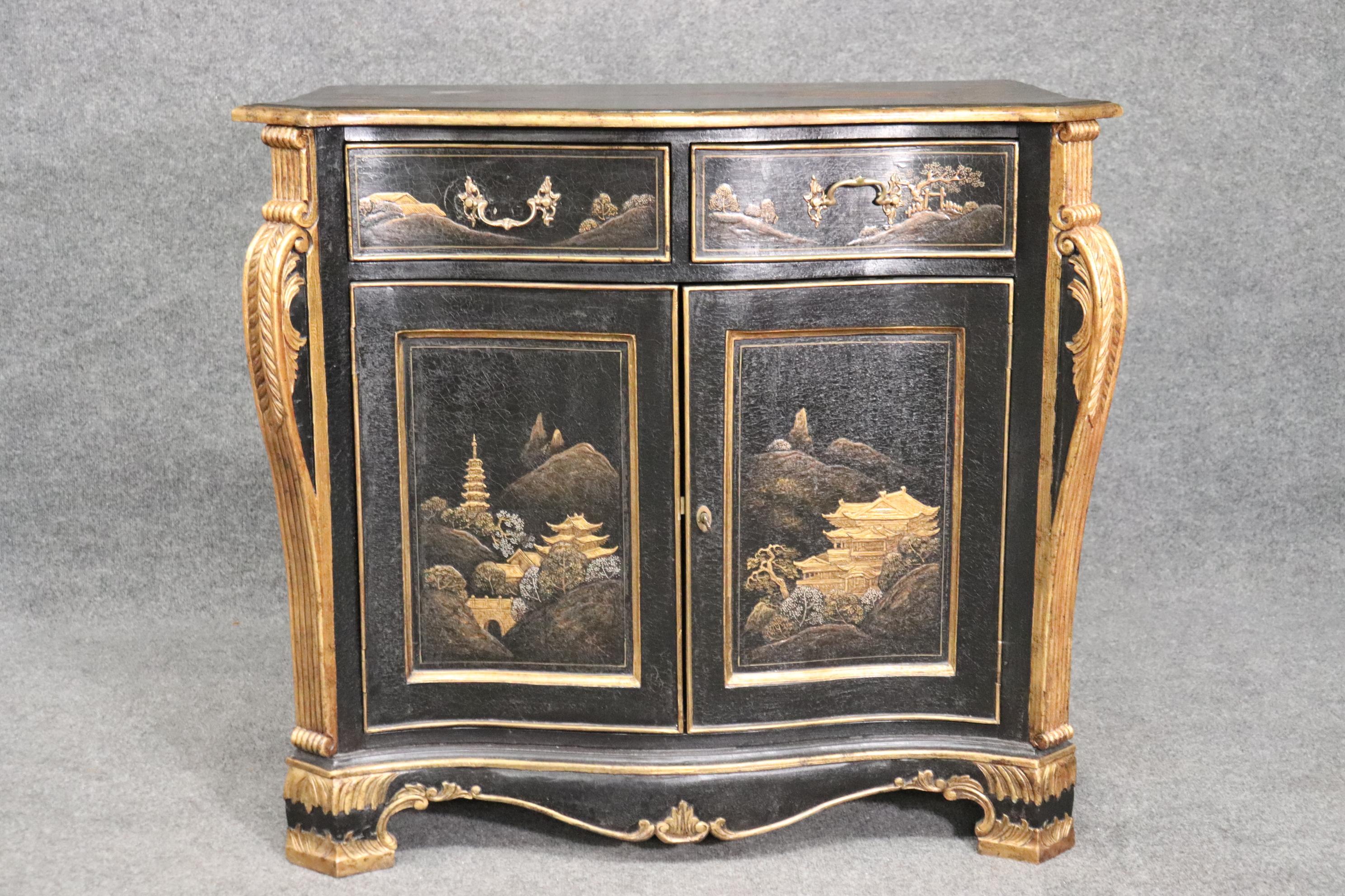 English Gilded Black Chinoiserie Georgian Style Antique Two Door Cabinet Commode Server For Sale