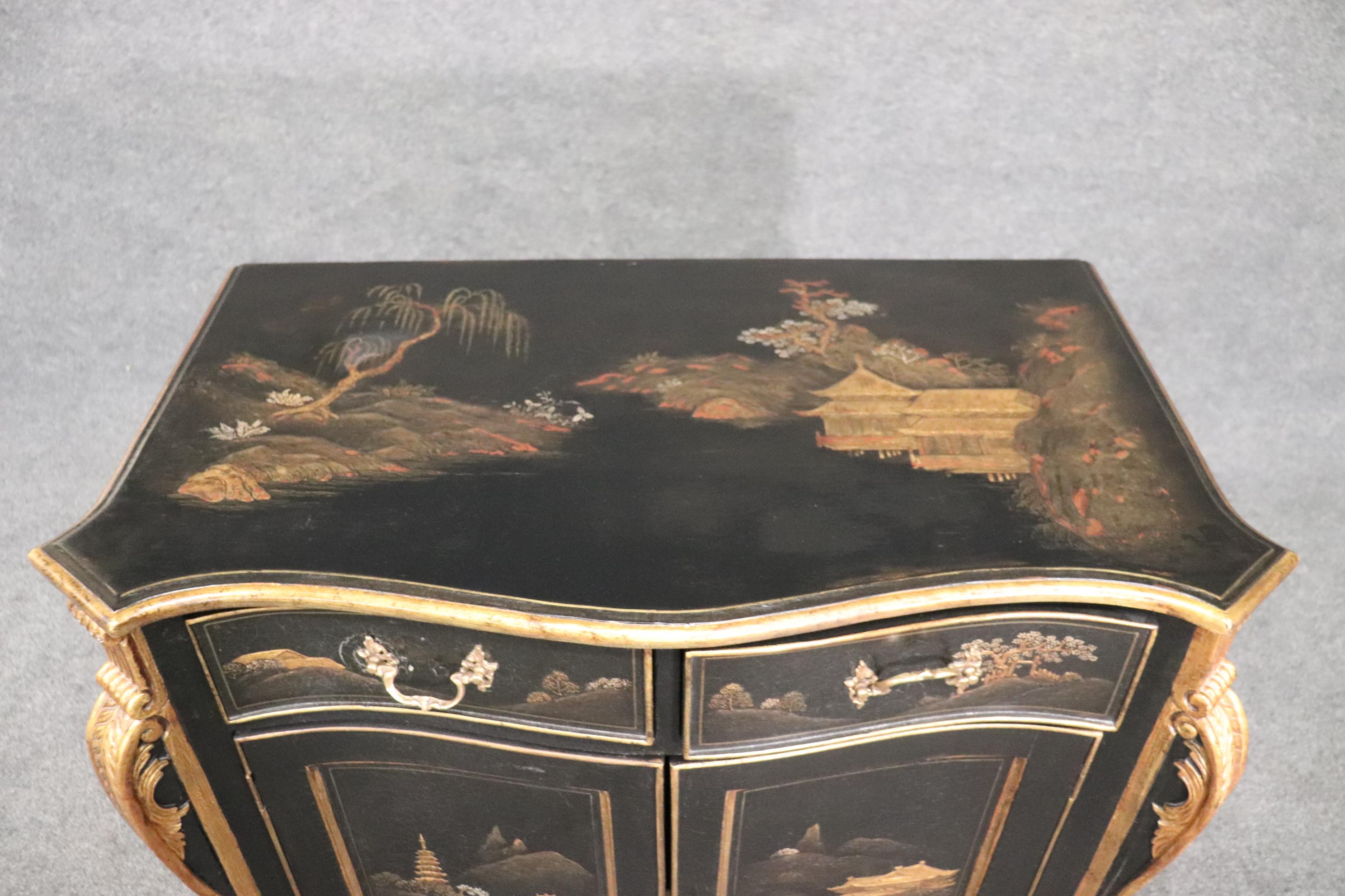 Gilded Black Chinoiserie Georgian Style Antique Two Door Cabinet Commode Server For Sale 1