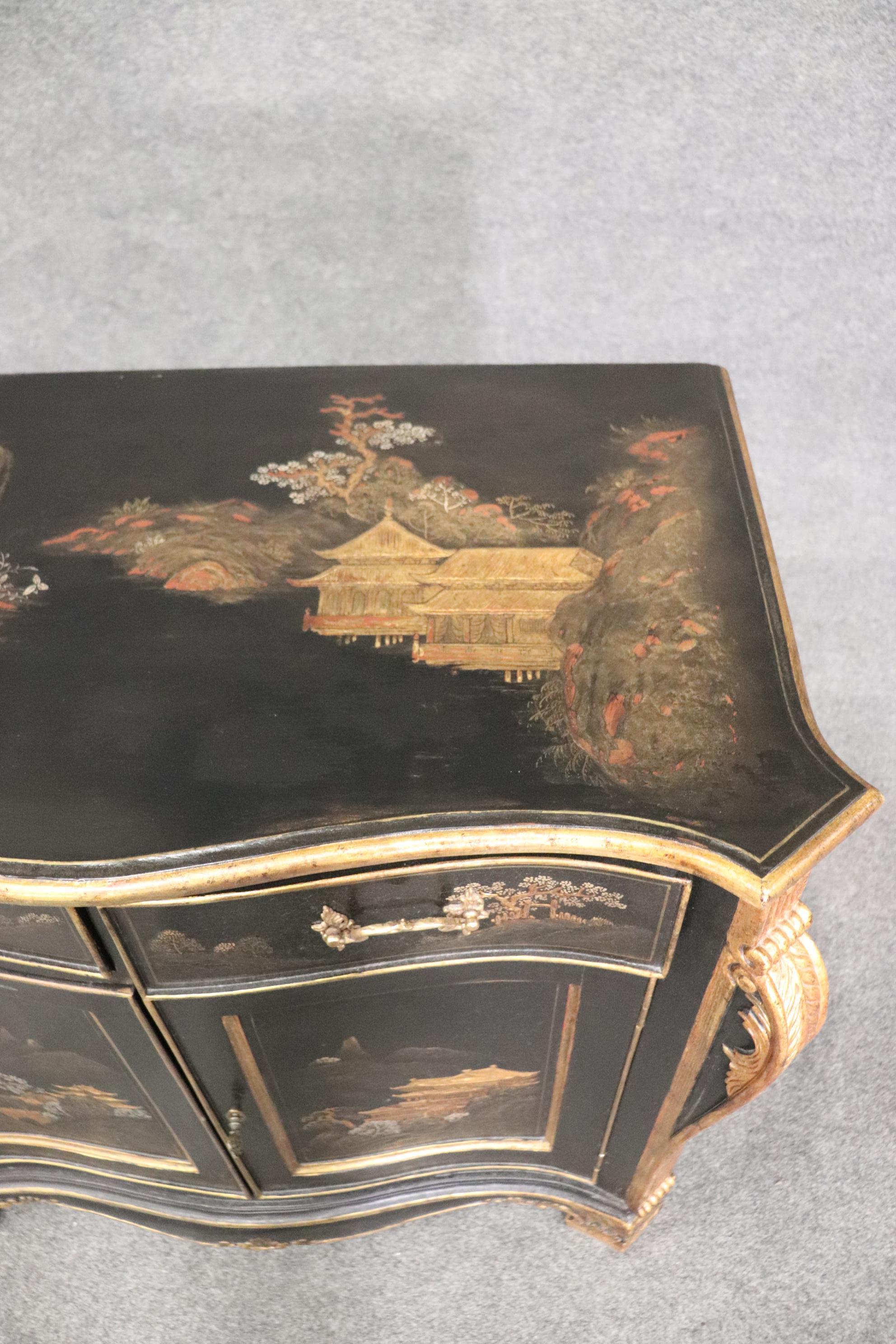 Gilded Black Chinoiserie Georgian Style Antique Two Door Cabinet Commode Server For Sale 3