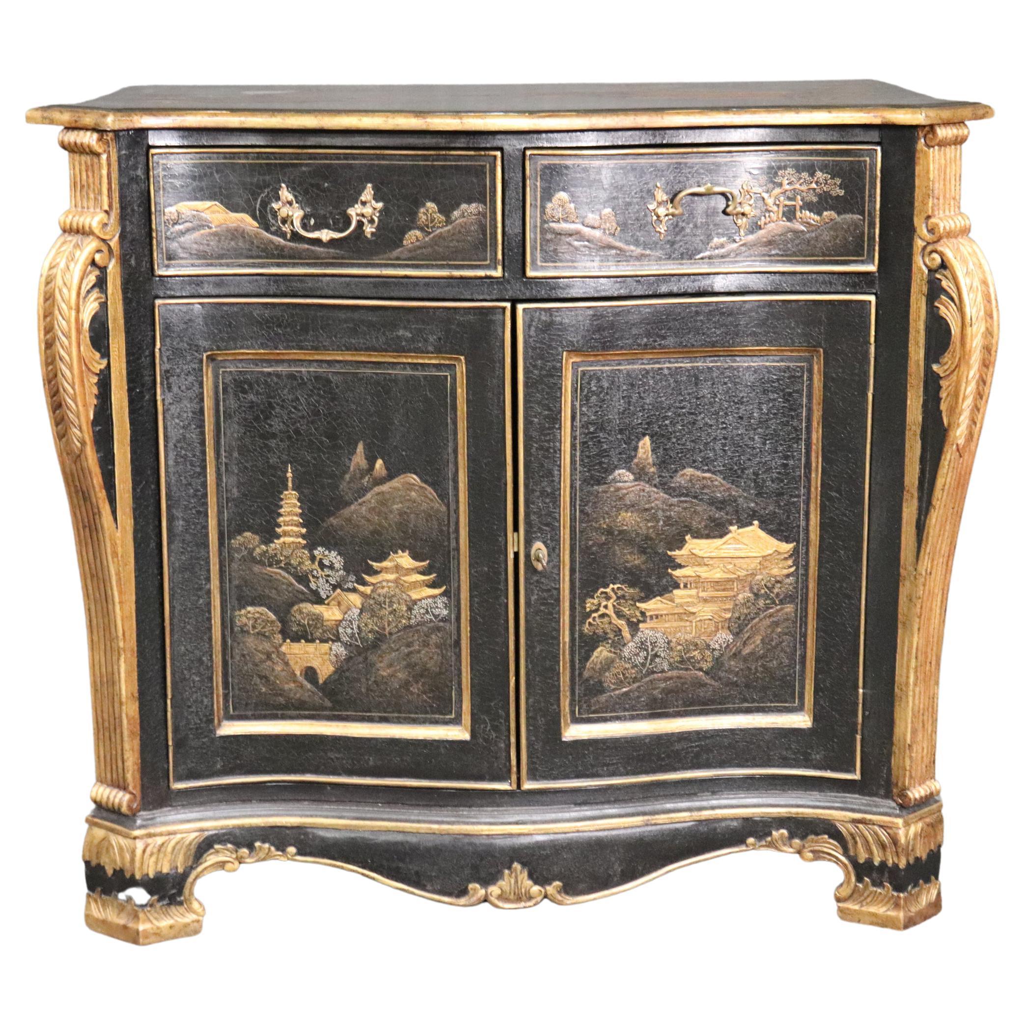 Gilded Black Chinoiserie Georgian Style Antique Two Door Cabinet Commode Server For Sale