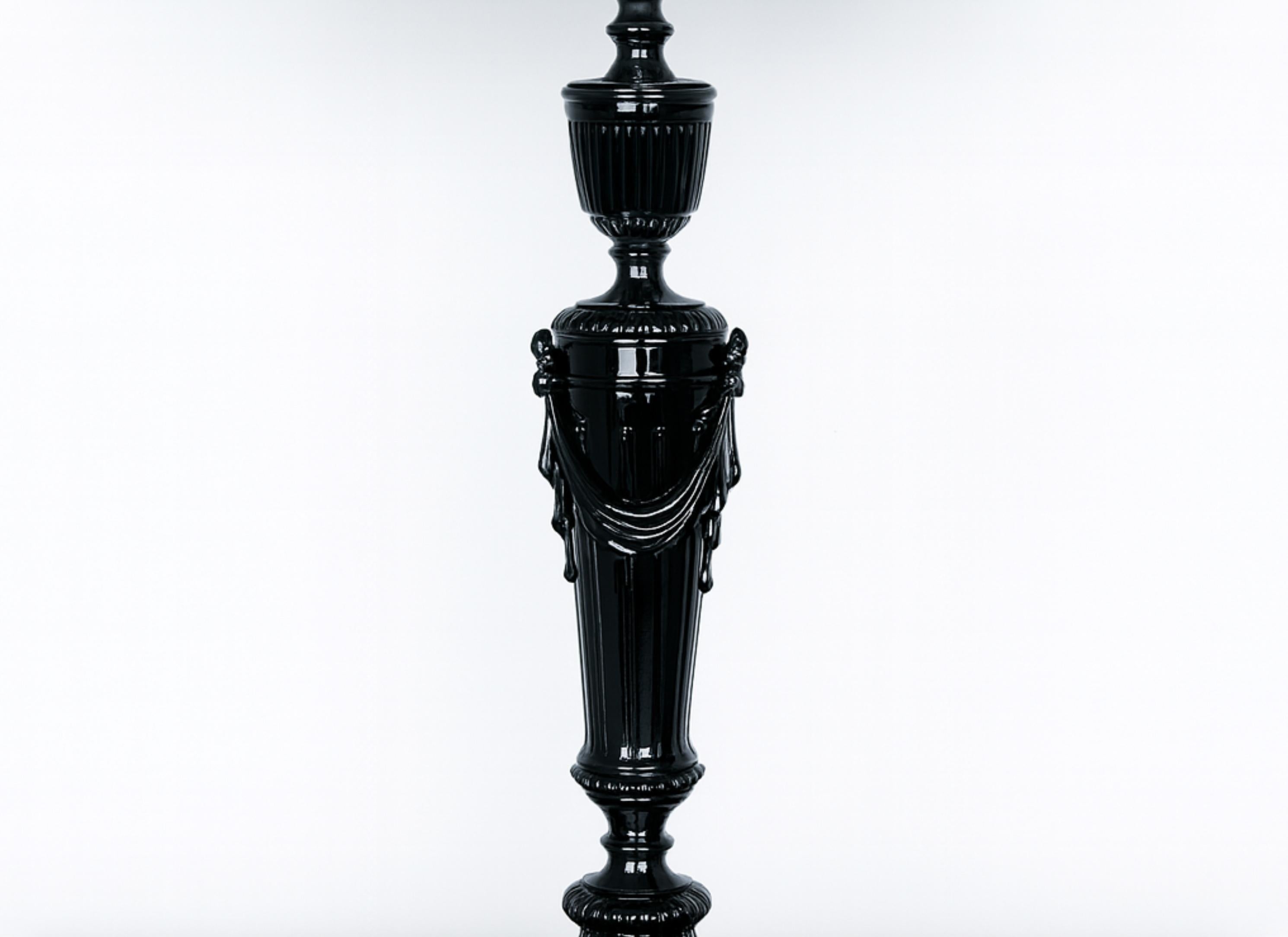 Brass Gilded Black Lacquer Bronze Candlestick Table Lamp, Napoleon III, 19th Century For Sale