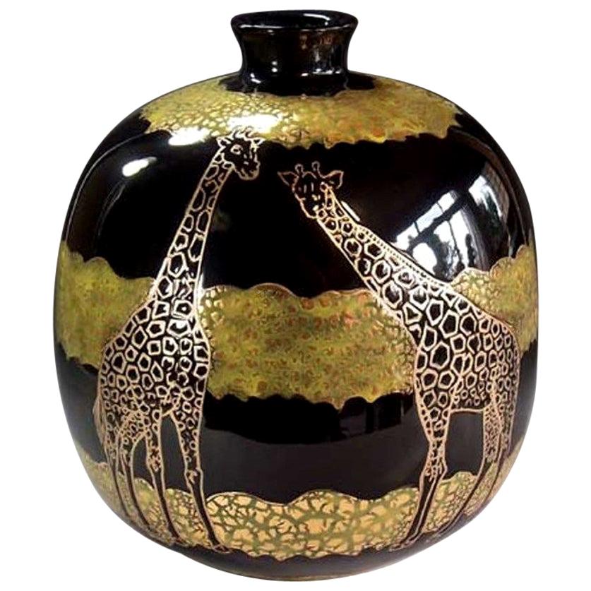 Gilded Black Green Porcelain Vase by Contemprary Japanese Master Artist For Sale