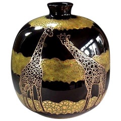 Gilded Black Green Porcelain Vase by Contemprary Japanese Master Artist
