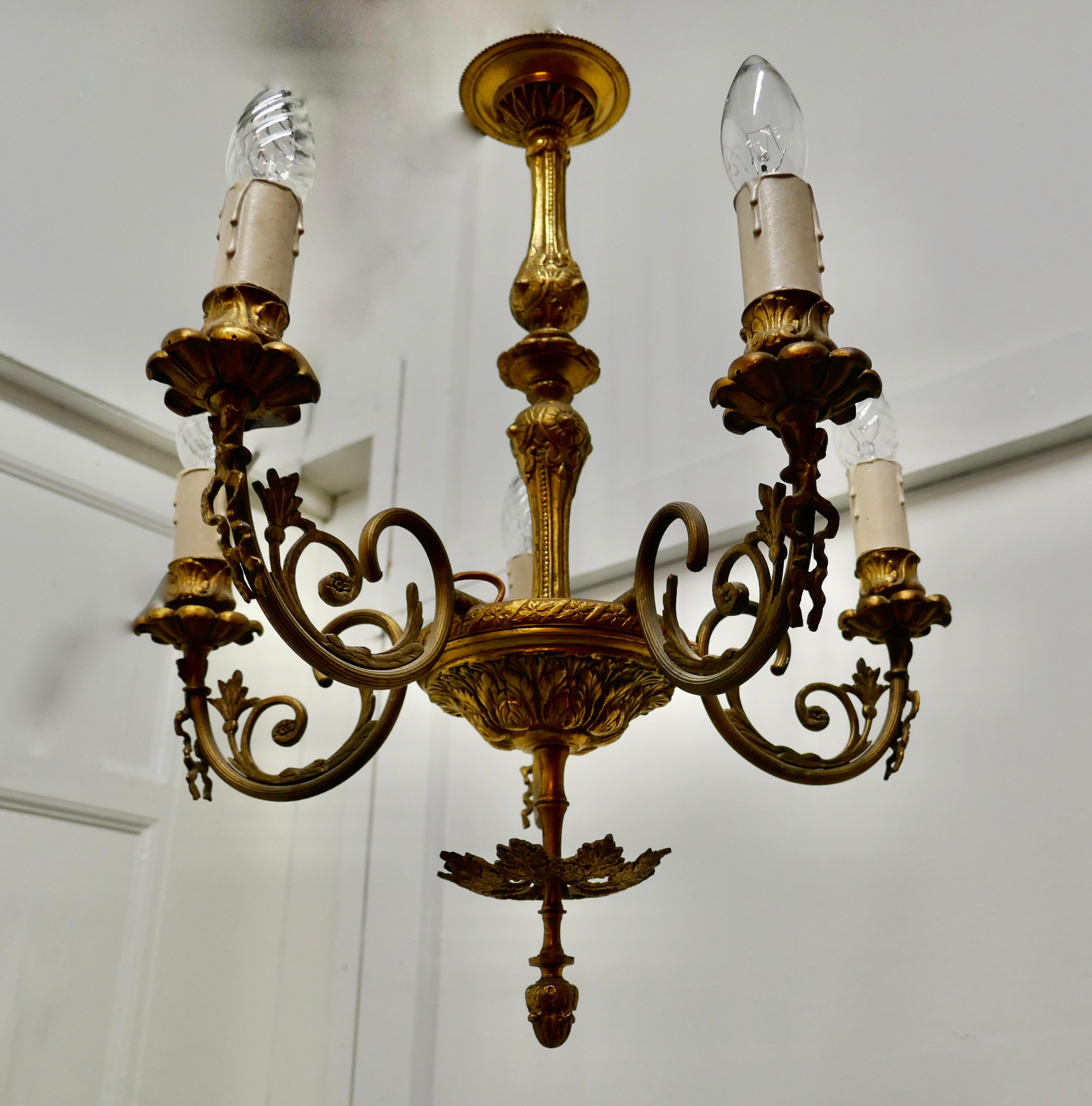 Rococo Revival Gilded Brass 5-Branch Rococo Style Chandelier For Sale