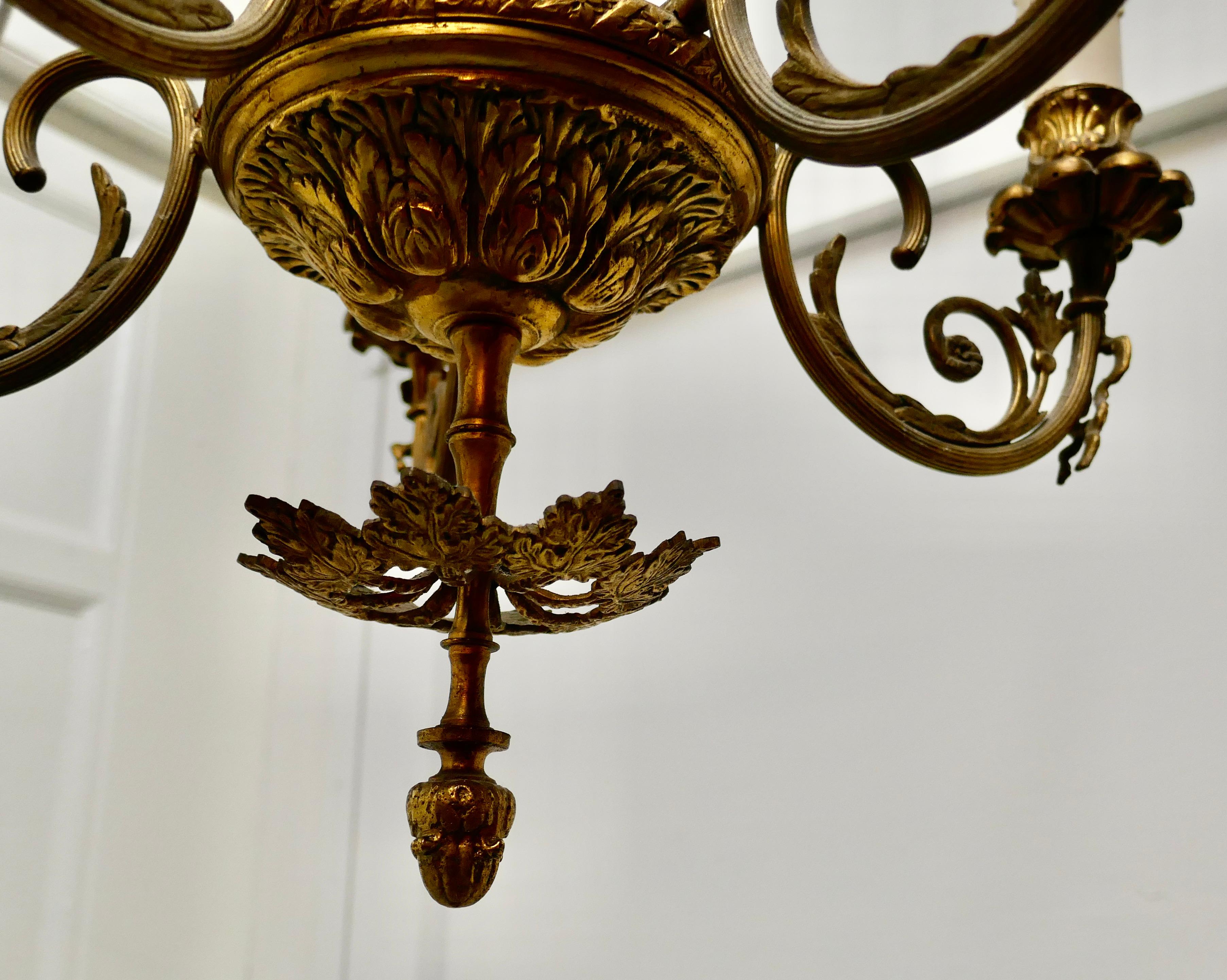 Gilded Brass 5-Branch Rococo Style Chandelier In Good Condition For Sale In Chillerton, Isle of Wight