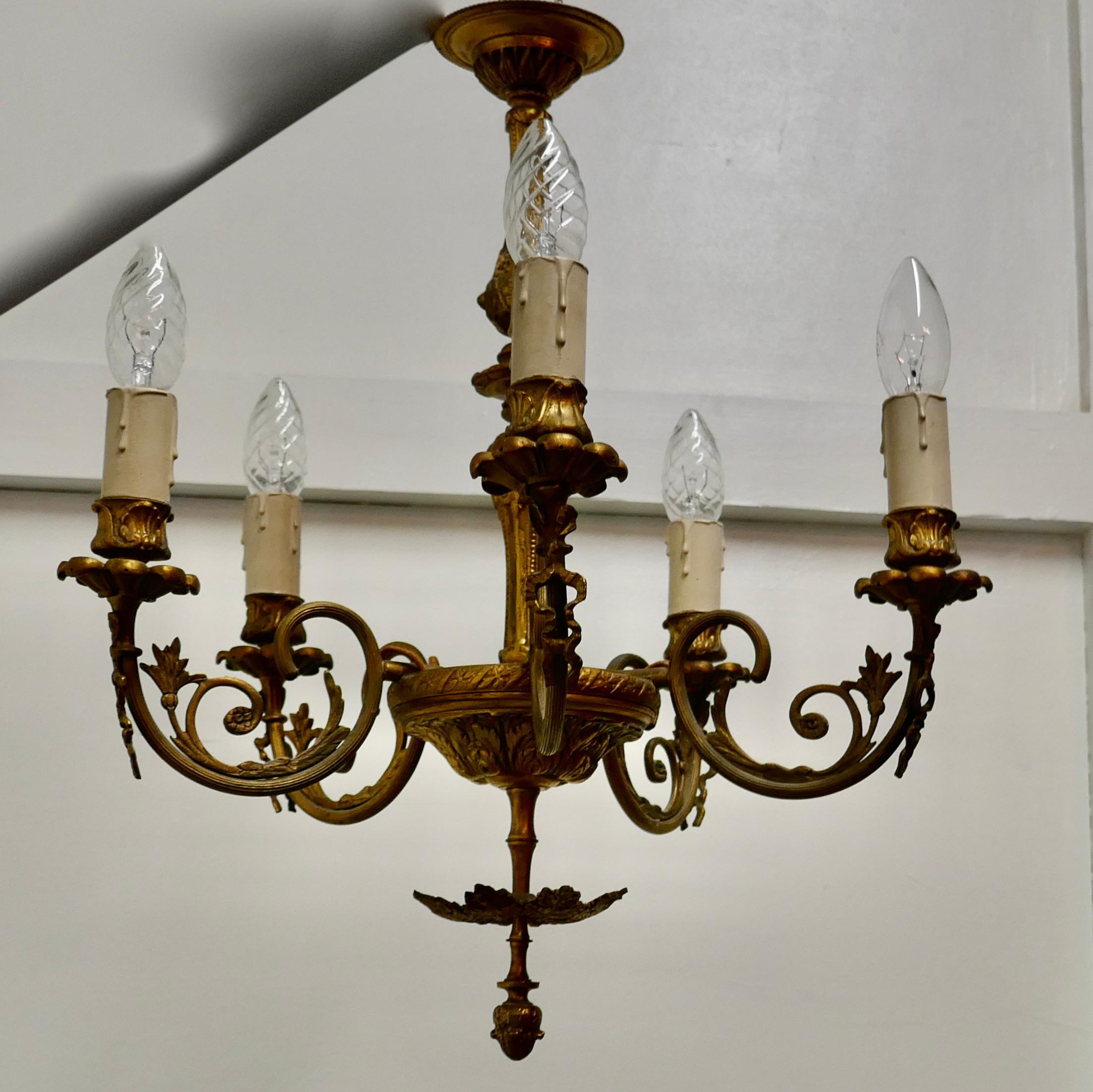 20th Century Gilded Brass 5-Branch Rococo Style Chandelier For Sale