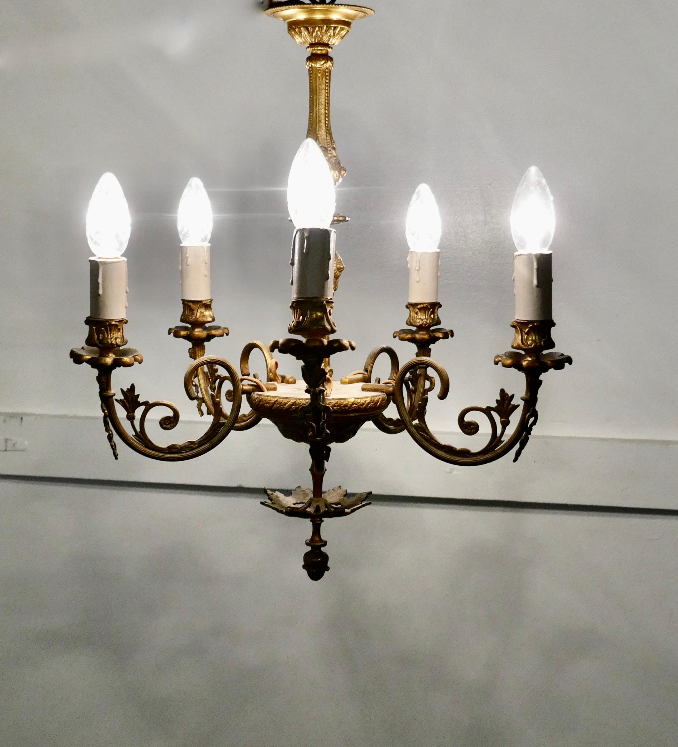 Gilded Brass 5-Branch Rococo Style Chandelier For Sale 1