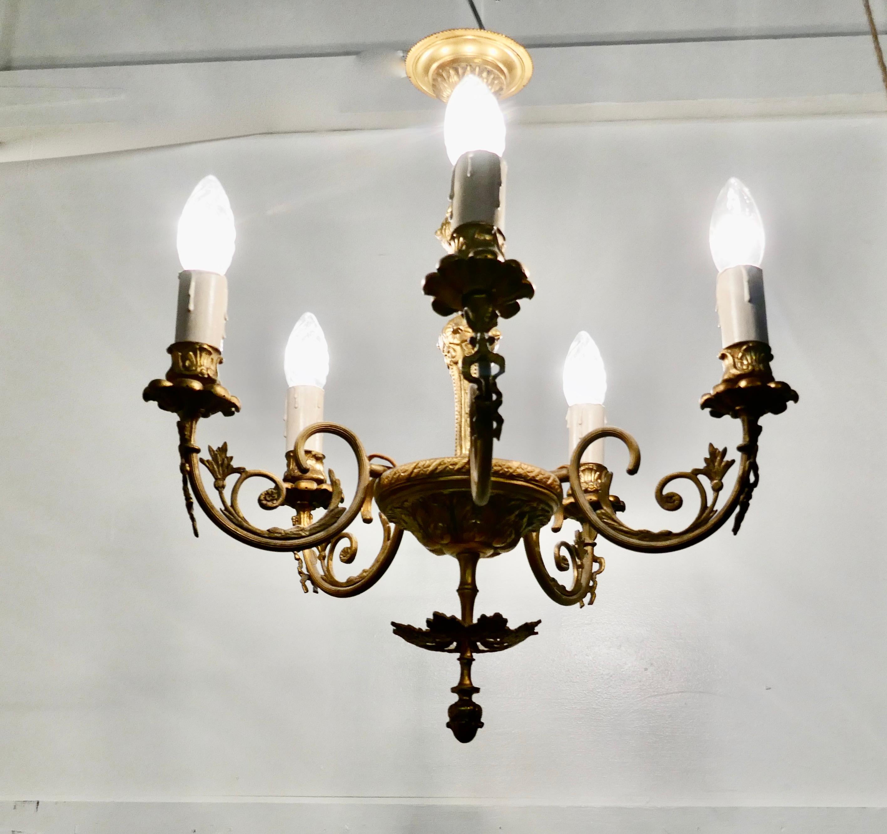 Gilded Brass 5-Branch Rococo Style Chandelier For Sale 2