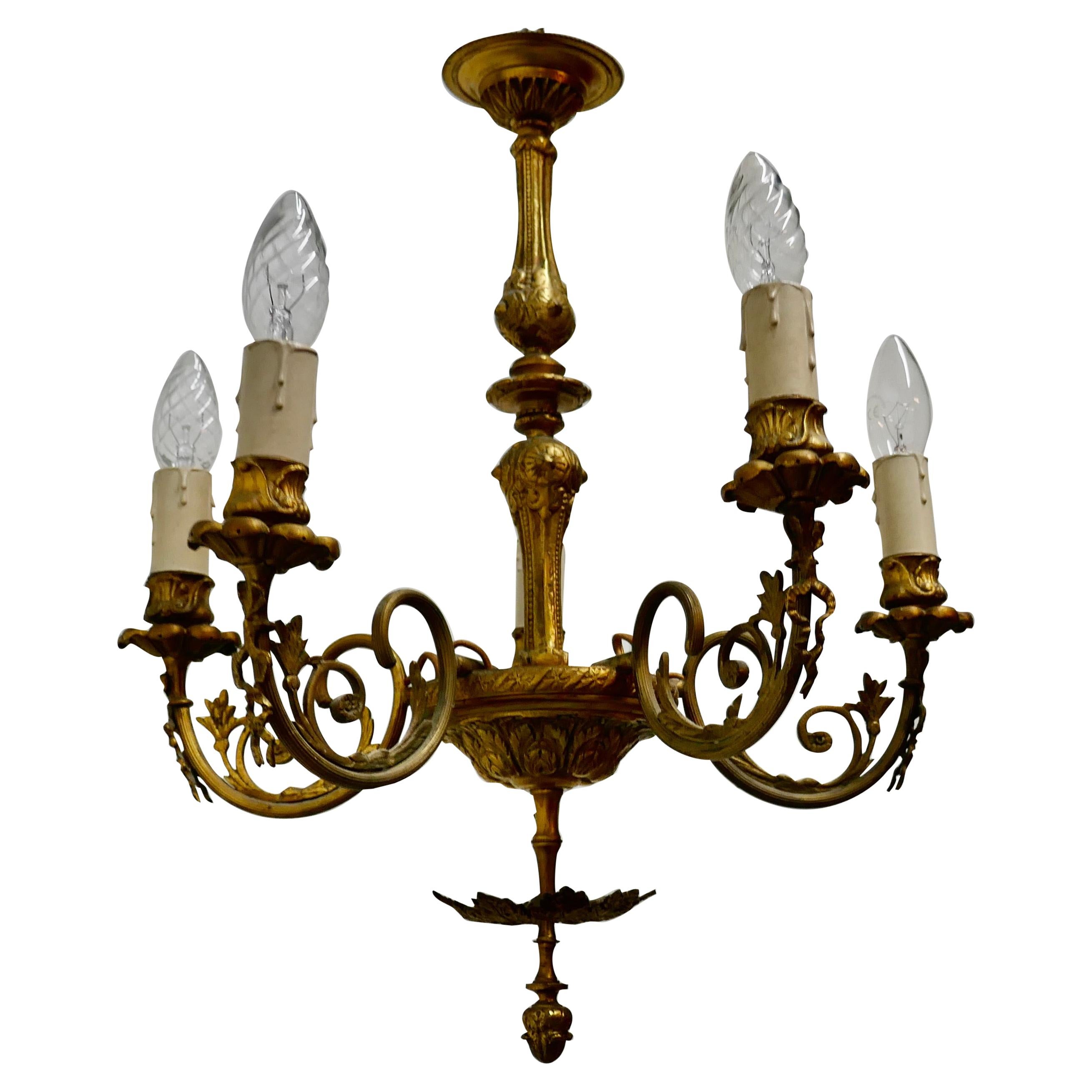 Gilded Brass 5-Branch Rococo Style Chandelier For Sale