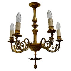 Antique Gilded Brass 5-Branch Rococo Style Chandelier