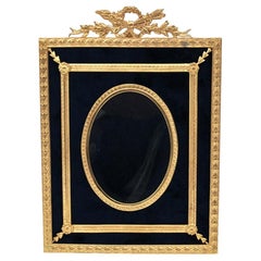 Antique Gilded Brass and Blue Velvet Photo Frame