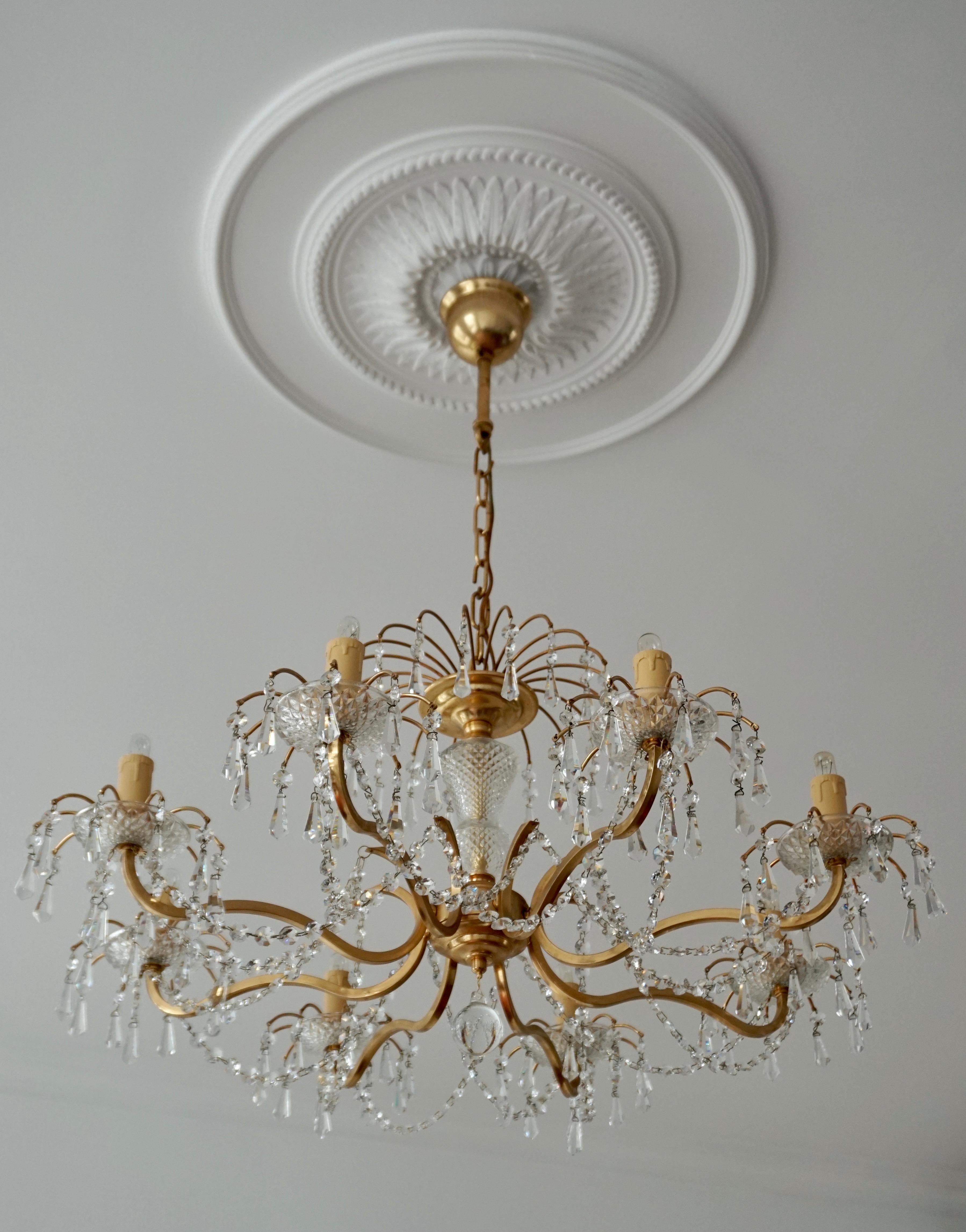 Italian Gilded Brass and Crystal Chandelier For Sale