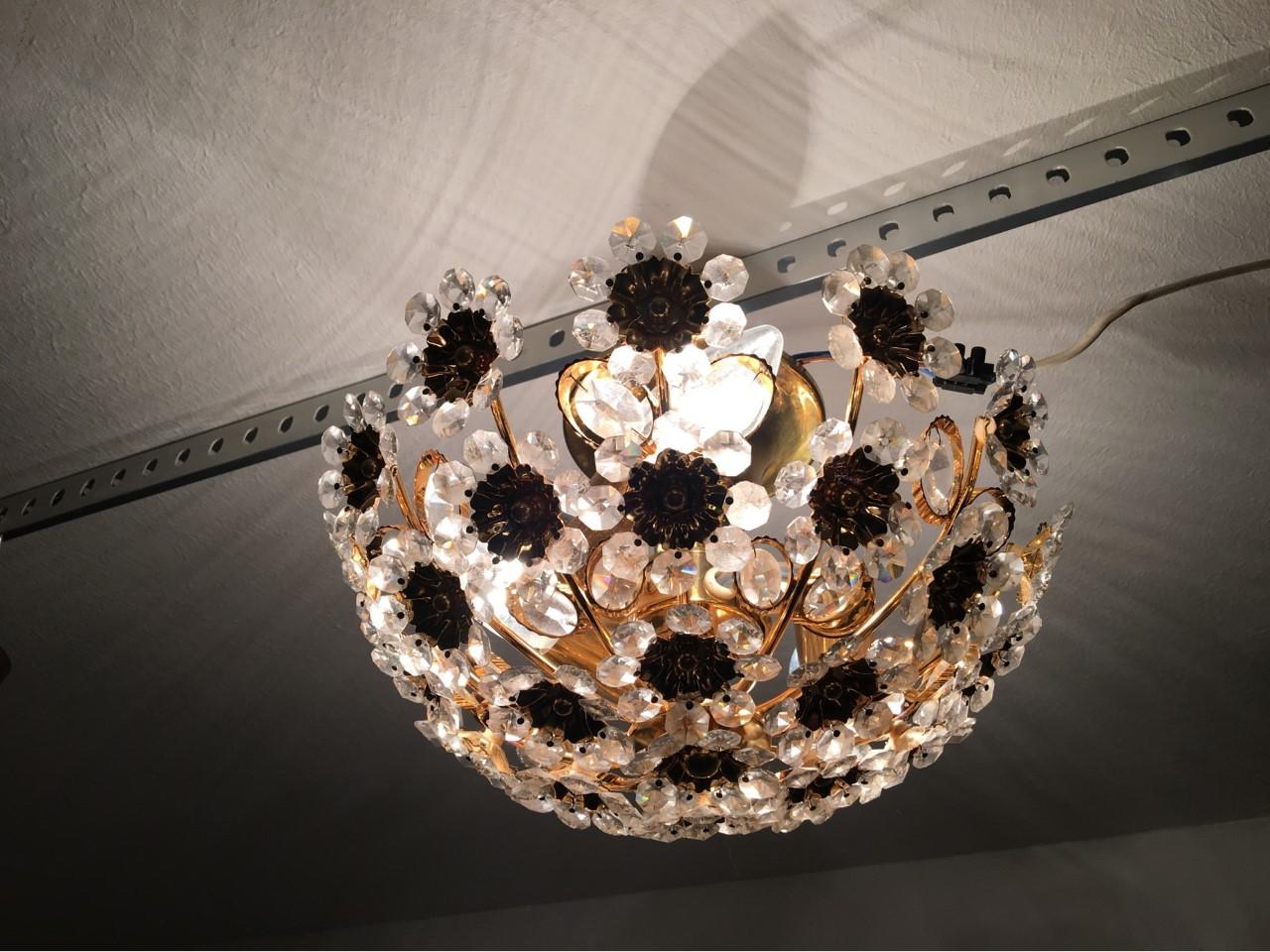 German Gilded Brass and Crystal Glass Flower Chandelier by Palwa For Sale
