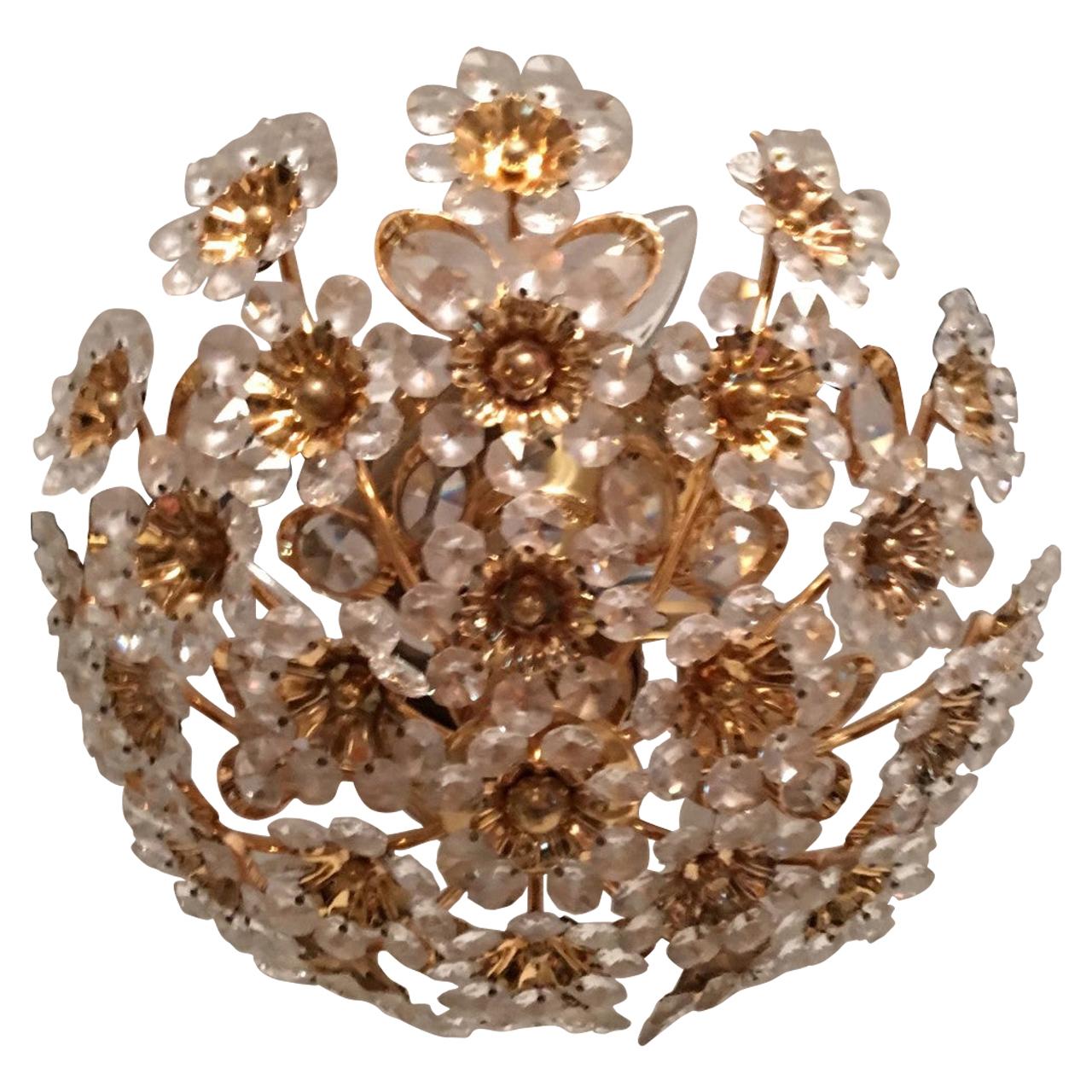 Gilded Brass and Crystal Glass Flower Chandelier by Palwa For Sale