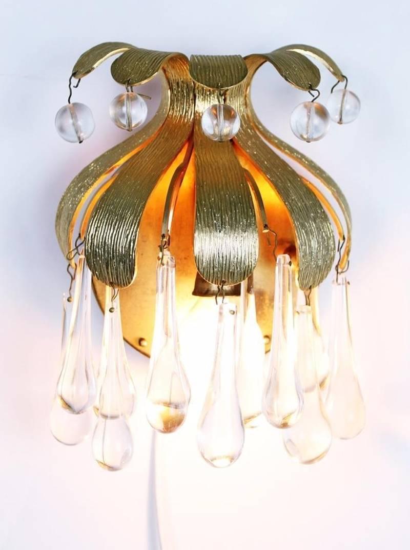 Late 20th Century Gilded Brass and Crystal Sconces from Palwa, 1970s, Set of Two